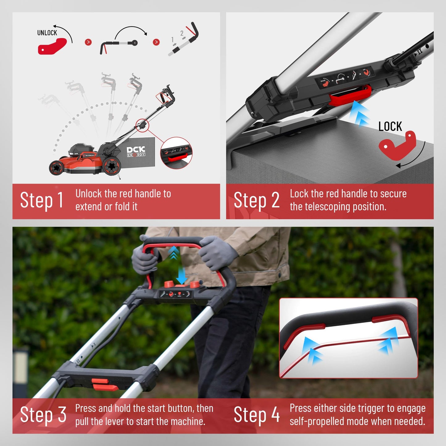 DCK 58V 21" Self-Propelled Lawn Mower 3-in-1 (Mowing/Collecting/Mulching), 7 Cut Heights, Foldable, LED Light, Upgraded Brushless Motor, 6.0Ah Battery & Charger