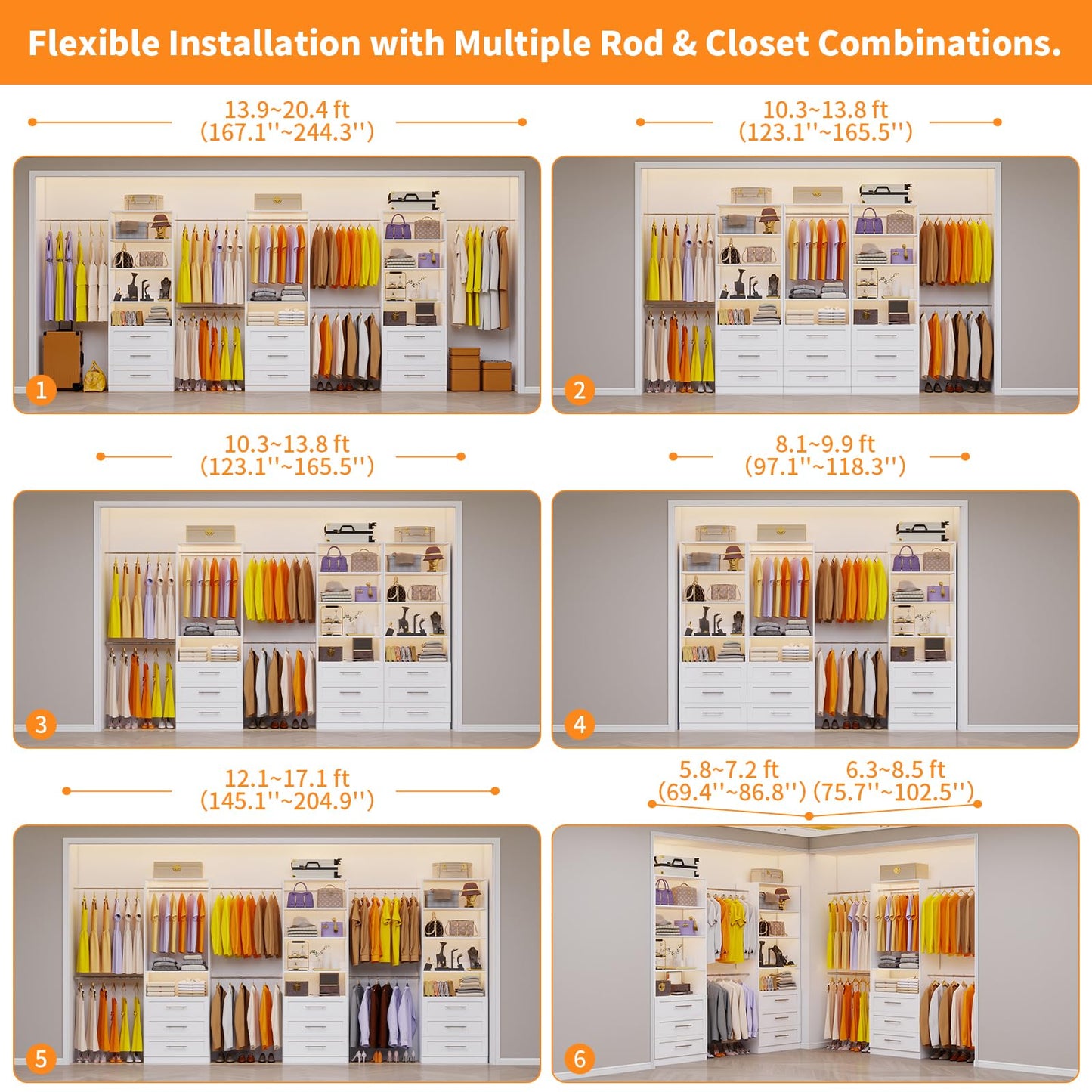 Closet System with 3 Sets, 6–20 FT Closet System with 9 Drawers, 9 Shelves & 7 Adjustable Hanging Rods, Max 244.3" Closet Organizer Systems for Walk-in Closets, Modular Custom Closet Tower, White