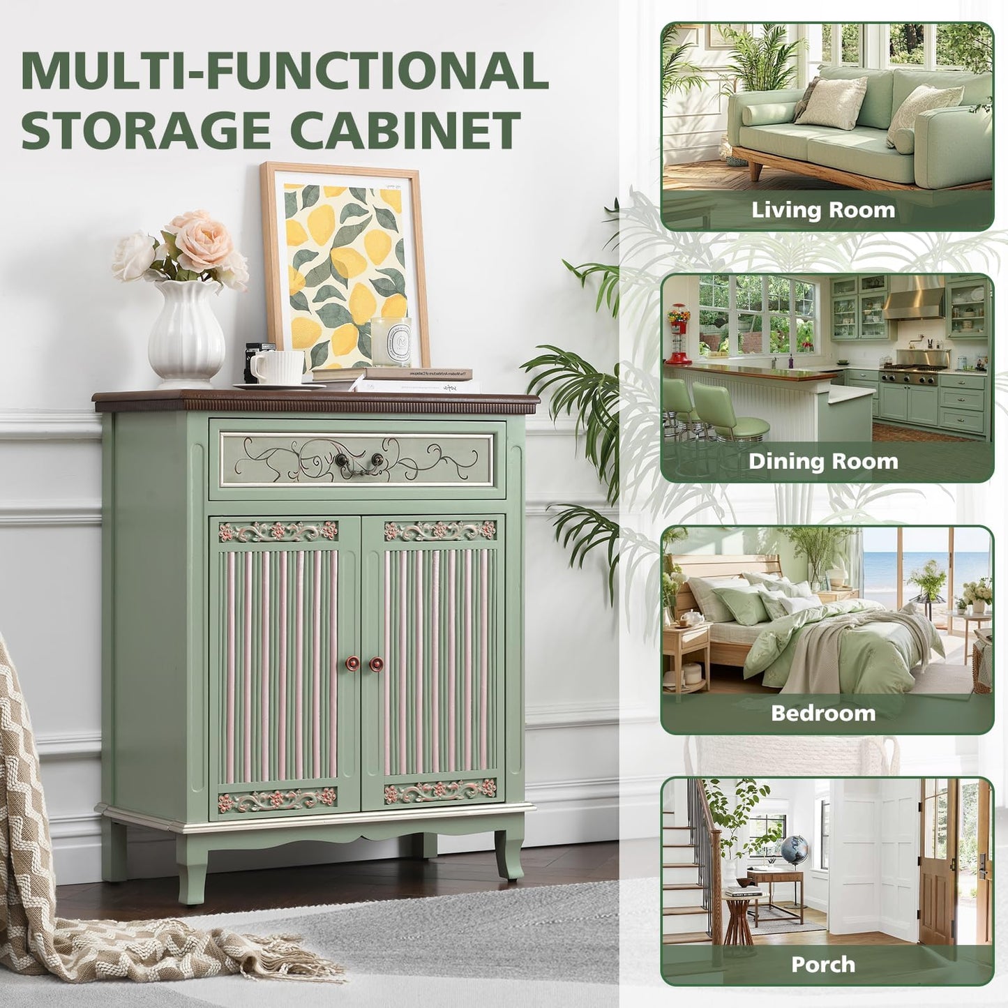 Ahokua Sage Green Accent Cabinet with Drawer and Textured Doors, Farmhouse Storage Cabinet with Adjustable Shelf, French Country Entryway Cabinet for Living Room, Hallway and Dining Room