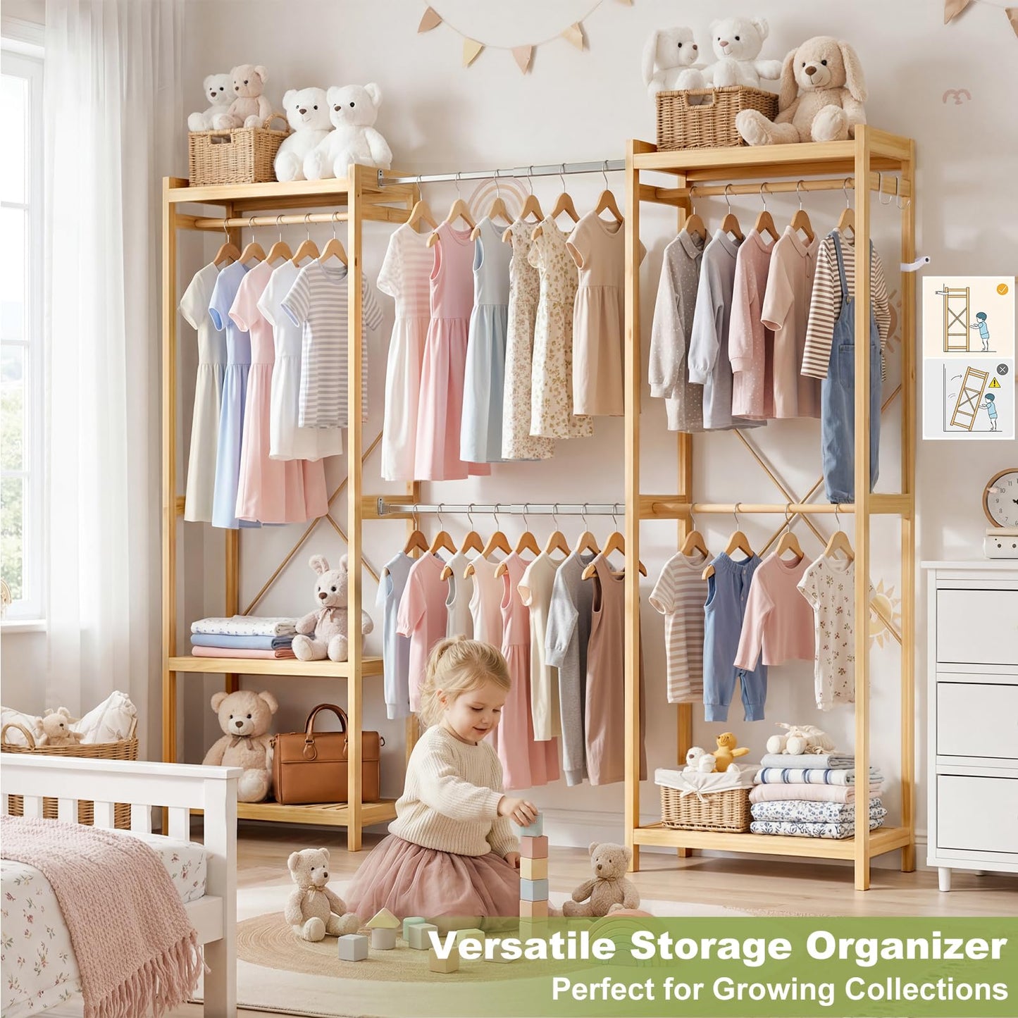 Homykic Bamboo Closet System, 74"-88" Expandable Clothing Rack with 5 Hanger Rods & Shelves, 6.6ft Tall Garment Rack Organizer for Walk-in Closet Bedroom, Max Load 850LBS, Easy to Assemble