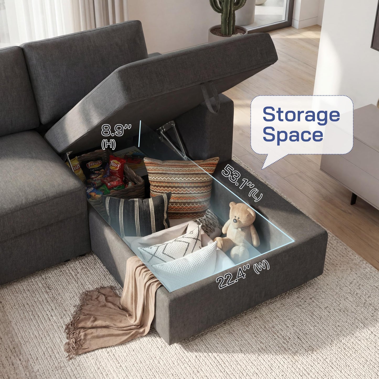 Leathaire 111 Inch Sectional Sleeper Sofa with Pull Out Bed, U Shaped 6 Seat Modular Sectional Couch with Storage for Living Room, Light Grey