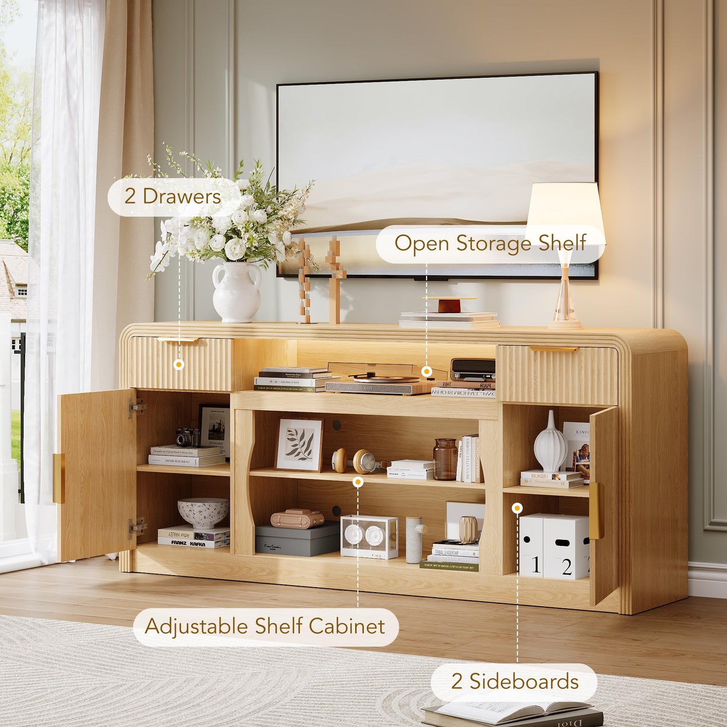 Decofy 70" Fluted TV Stand, Entertainment Center for 80" TVs, Mid Century Modern TV Console Cabinet with Wavy Grain Doors & Adjustable Shelves, Modern Media TV Console Table for Living Room (Oak)