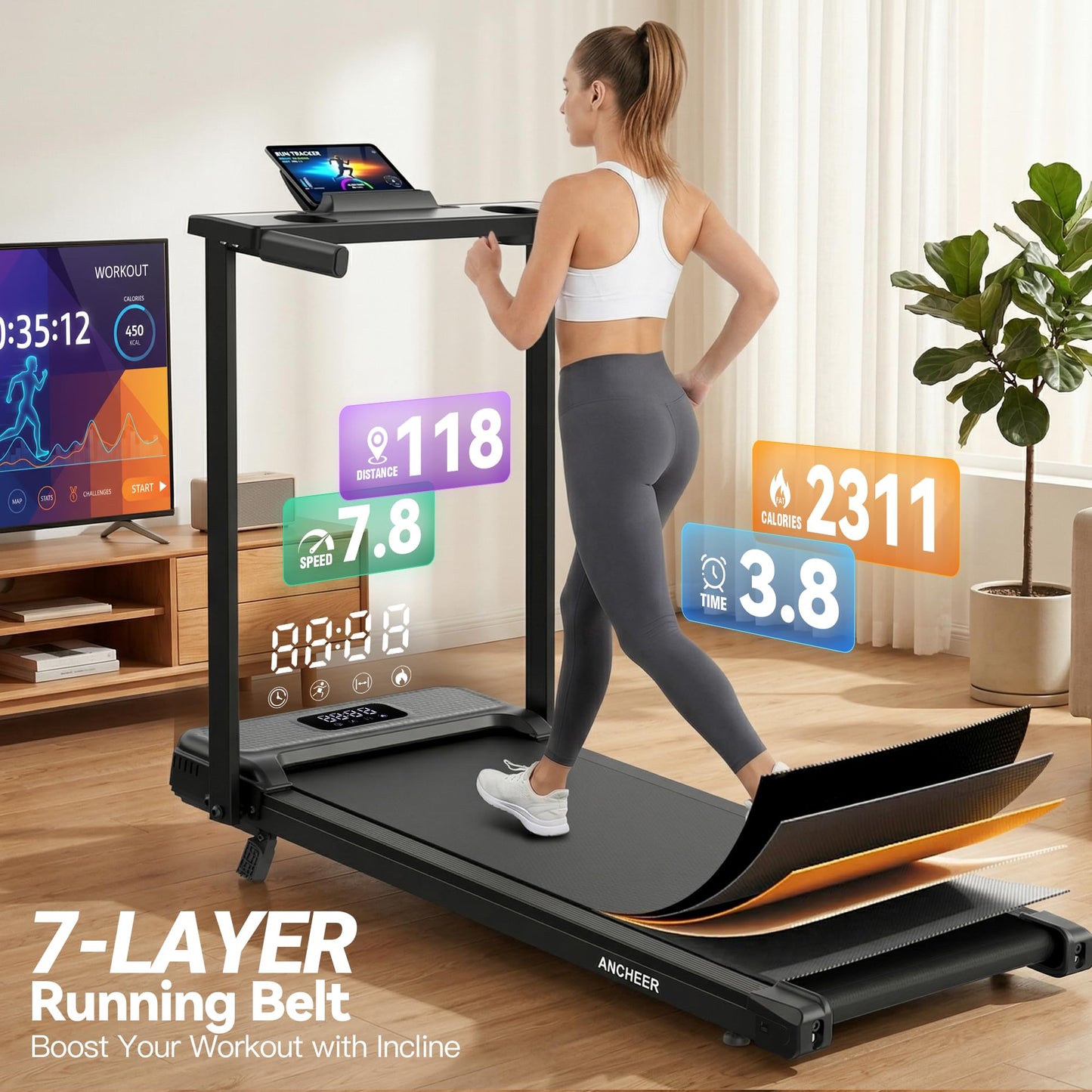 FUNMILY Incline Walking Pad Treadmill with Handle Bar, Folding Treadmills for Home Small, 3.5HP Portable Treadmill with Desk, 350 lbs Weight Capacity, Walking Pad with Remote Control and LED Display