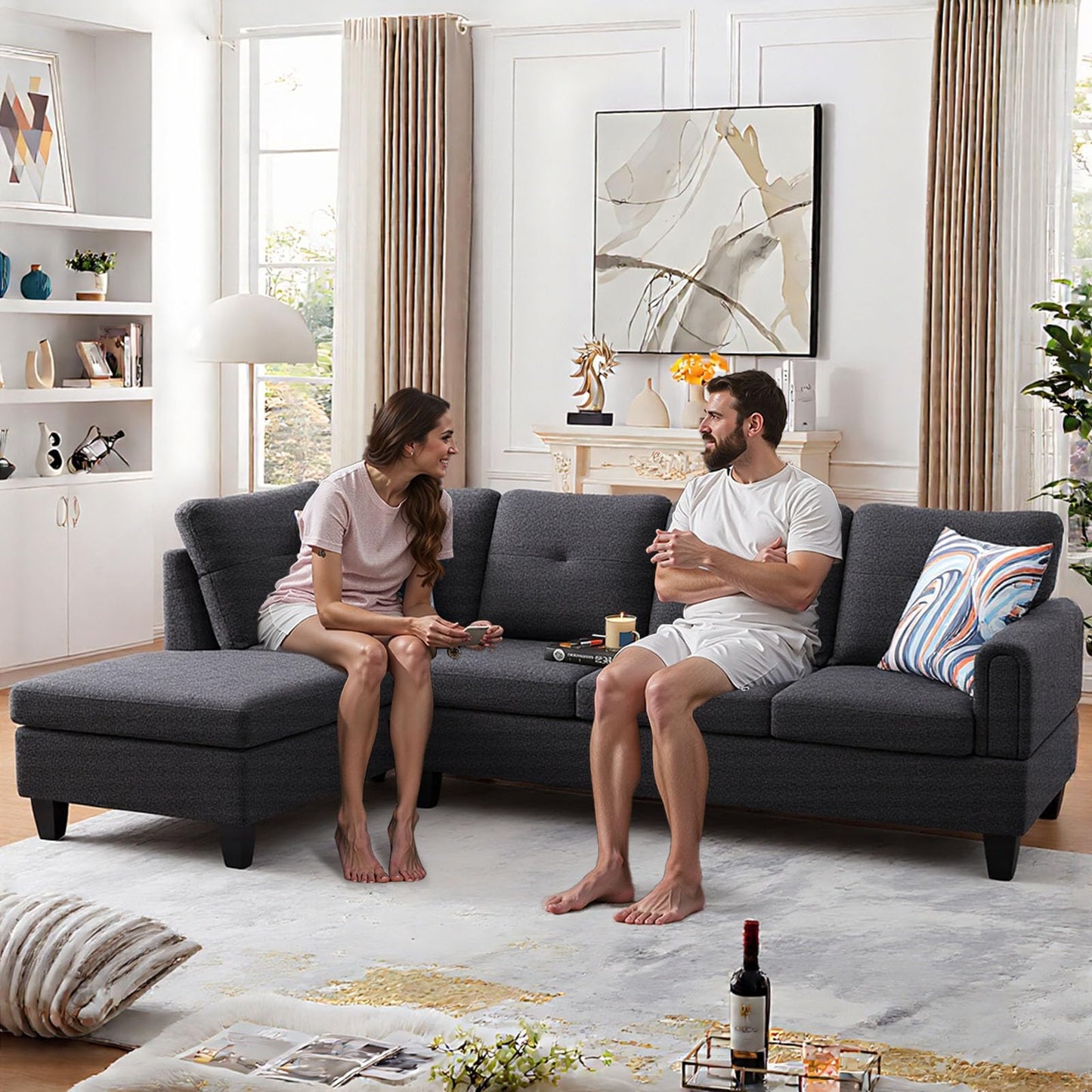 Trygoal L Shaped Couch Sectional Couches with Chaise, 3 Pieces Modular Convertible Sofa for Living Room Furniture Sets and Small Apartment, Black Grey