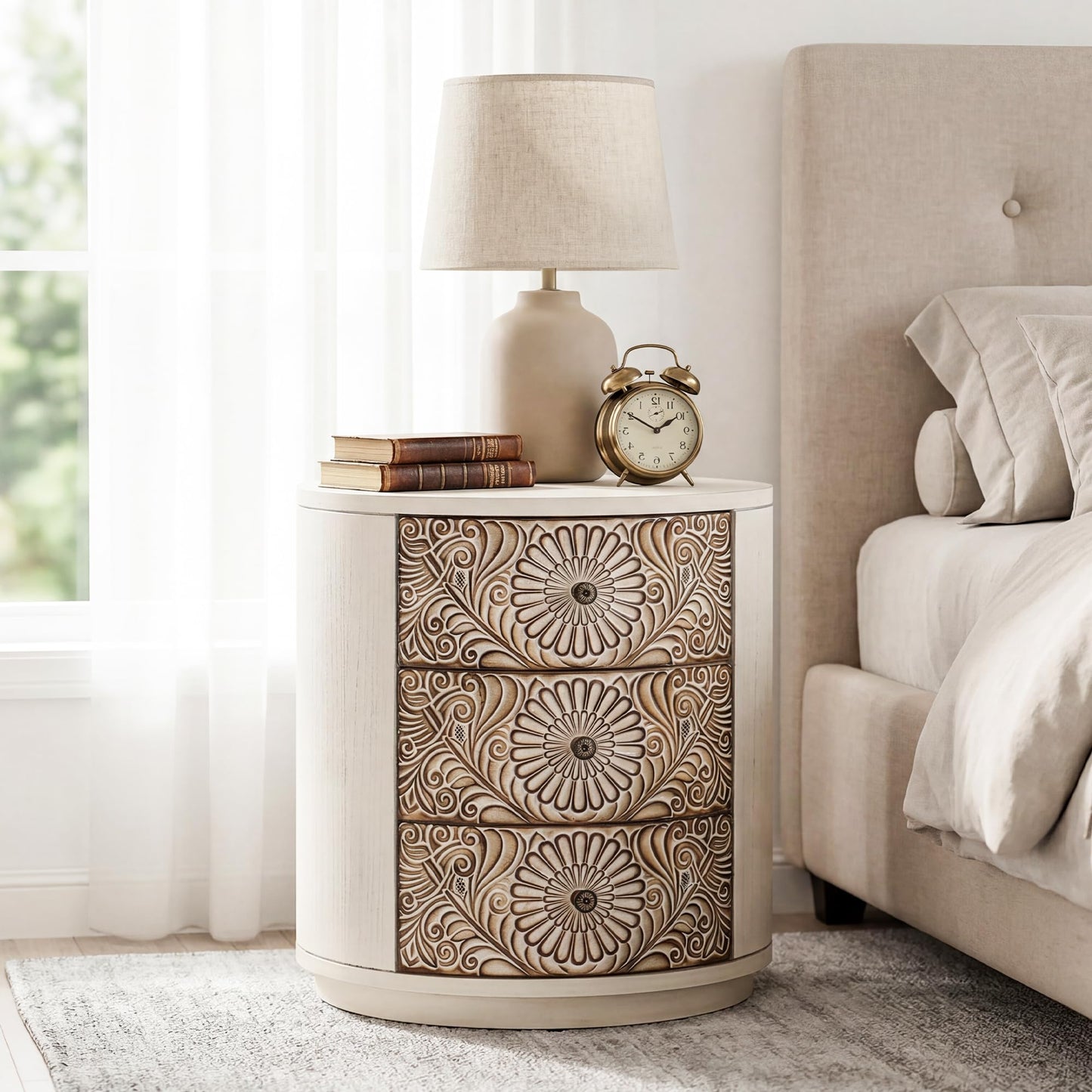 COSIEST 3 Drawer Chest of Drawers, 20 inch MDF Round Storage Cabinet, Retro Whitewash Finish Nightstand, Wood Bedside Table with Drawers for Bedroom Living Room,Light Gray