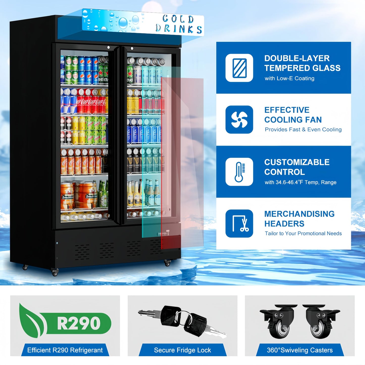 Ferueo Commercial Beverage Refrigerator, 40 Cu.ft.Display Fridge Glass Door Upright Display Door with Adjustable Shelves LED Light for Restaurant,Grocery Stores,Office