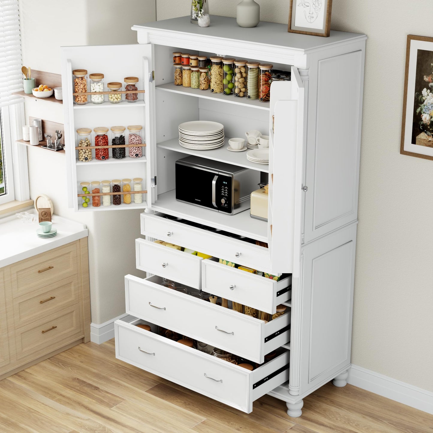 Merax 77" Tall Large Kitchen Pantry Storage Cabinet with 2 Doors & 2 Adjustable Shelves & 5 Drawers & 6 Side Door Shelves, Modern Freestanding Food Pantry for Dining Room, Living Room, White