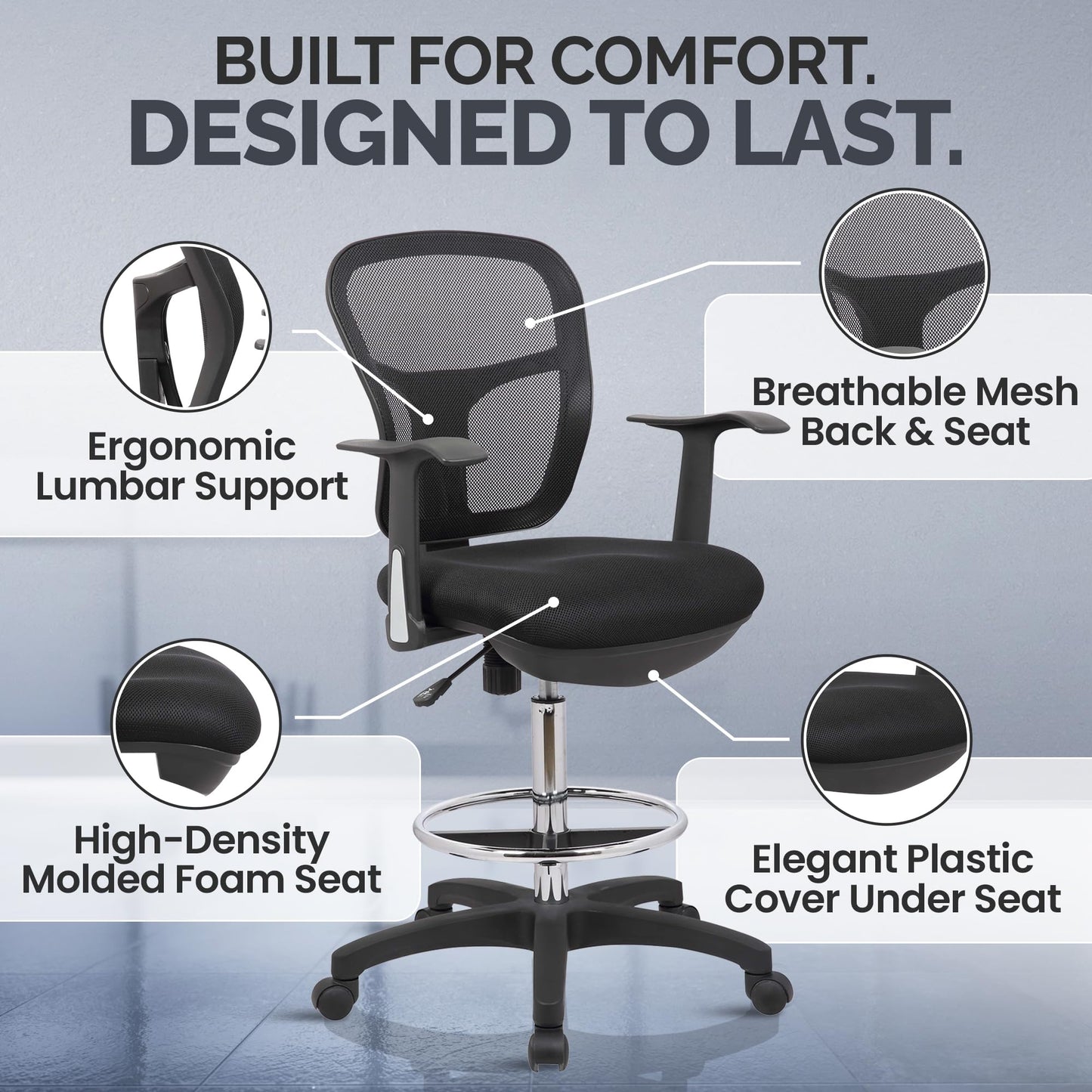 OfficeFactor Drafting Chair Tall Office Chair with Arms Executive Ergonomic Standing Desk Chair with Anti Scratch Wheels and Footrest