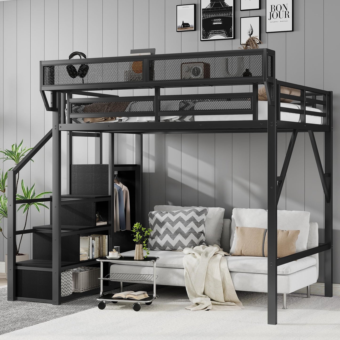 KEIKI Full Size Metal Loft Bed Frame with Convertible Staircase, Built-in Storage Shelves and Wardrobe, Loft Bed with Solid Slats, Guardrail, No Box Spring Required, Easy Assembly, for Bedroom, Black