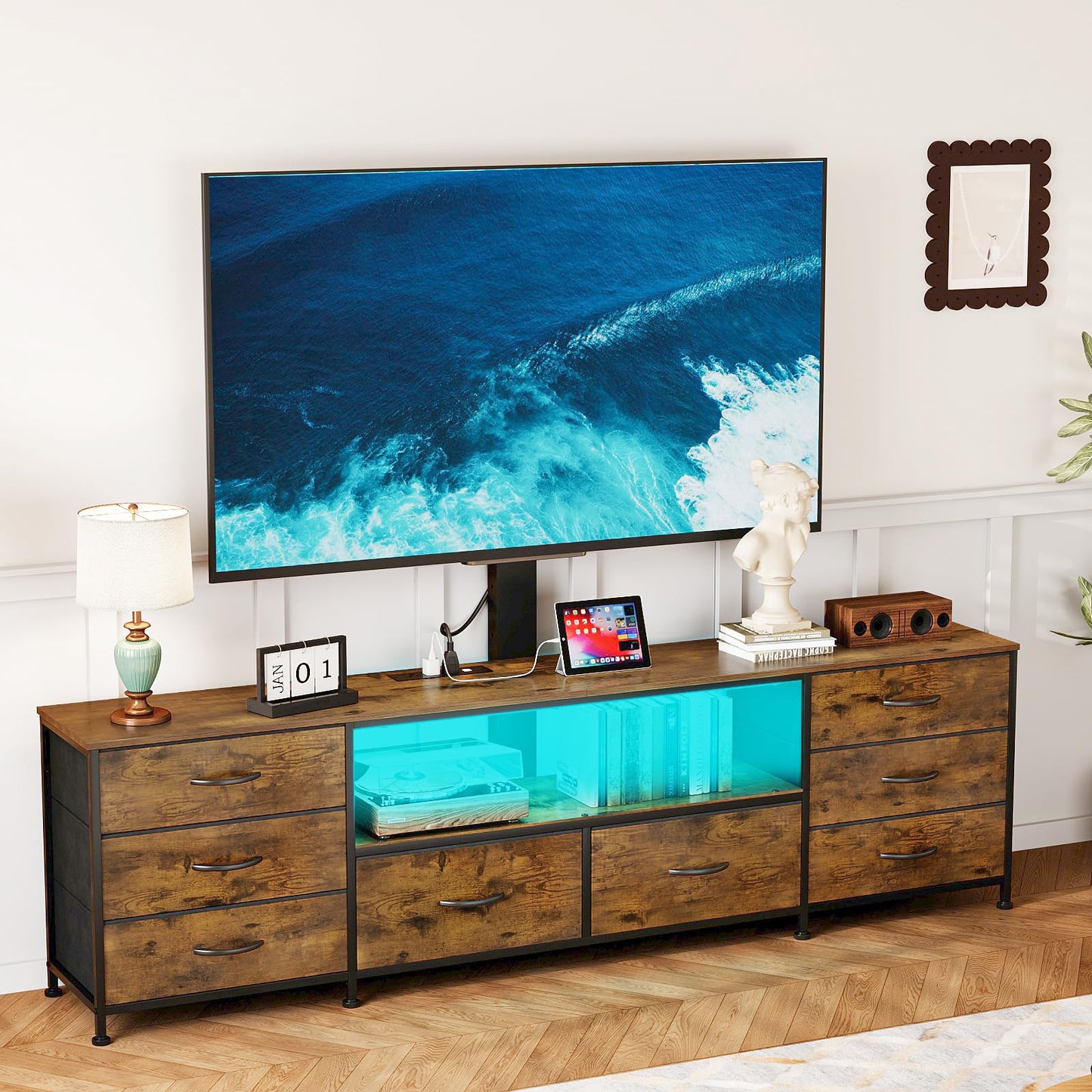 Welfuturer 70.8" W TV Stand with Mount and Power Outlet for 65/70/75/80 Inch TV, Farmhouse Entertainment Center with 8 Fabric Drawers, LED Lights and Open Storage Shelves for Living Room
