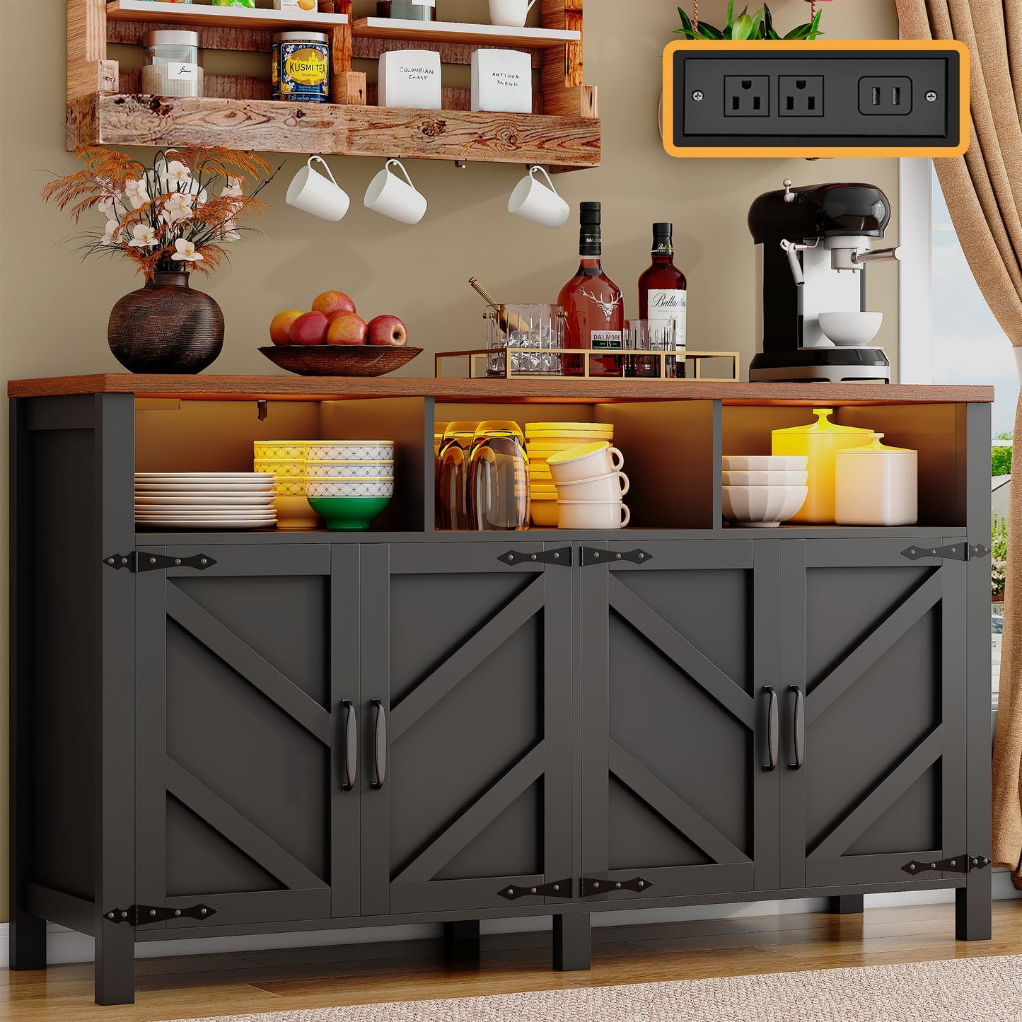 knoworld Buffet Sideboard with Storage with Power Outlets & LED Light 4 Doors, 55'' Large Farmhouse Kitchen Storage Cabinet Wood Coffee Bar Cabinet Buffet Table for Kitchen, Dining Room, Entryway