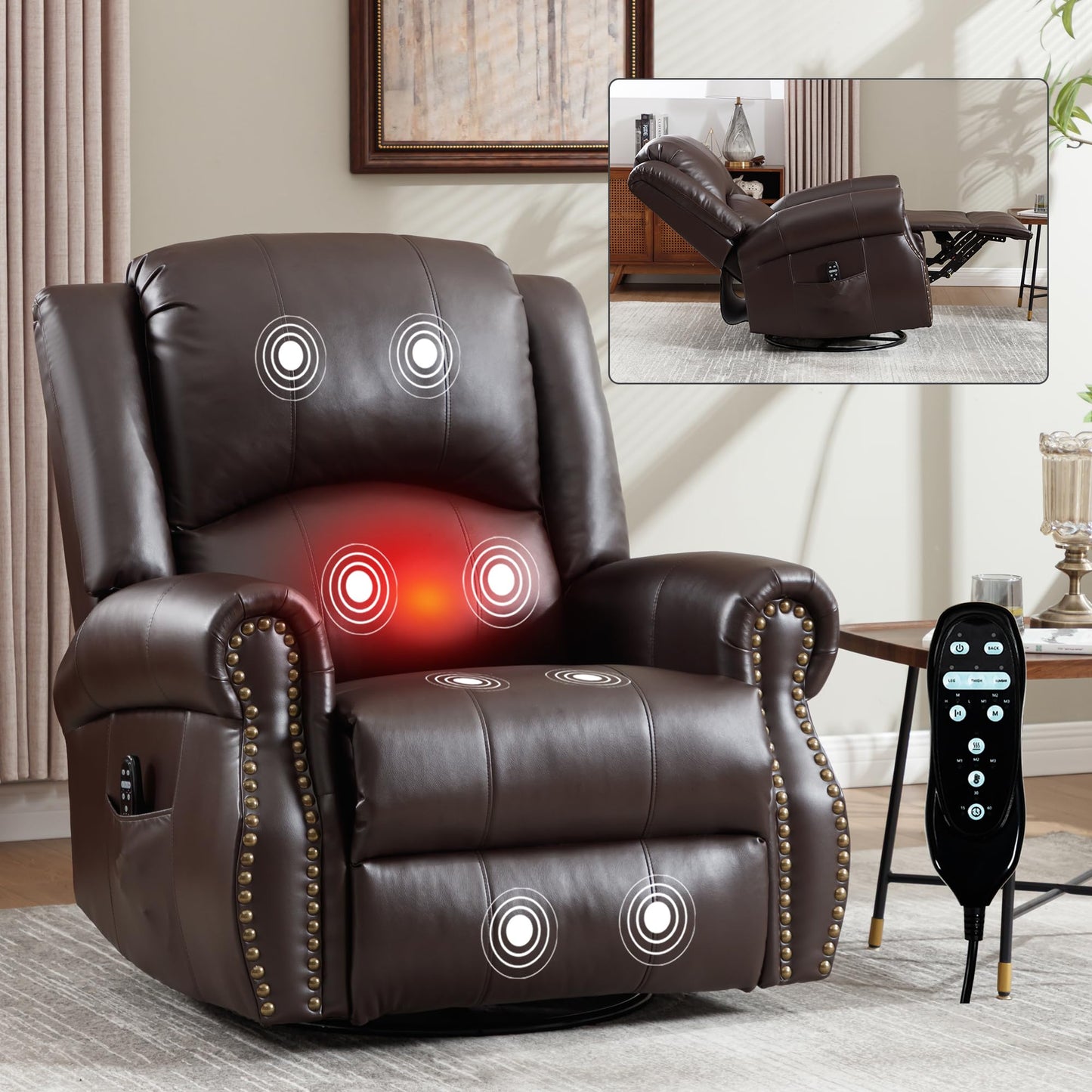 KEIKI Faux Leather Heat Massage Manual Recliner Chair with Square Arms and Cushion Back, for Elderly, Modern Style Oversized Swivel Reclining Sofa Chairs, Easy Assembly, for Living Room, Brown