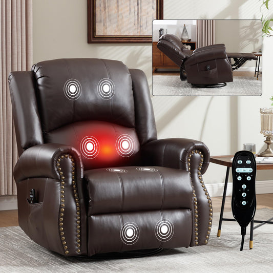 KEIKI Faux Leather Heat Massage Manual Recliner Chair with Square Arms and Cushion Back, for Elderly, Modern Style Oversized Swivel Reclining Sofa Chairs, Easy Assembly, for Living Room, Brown