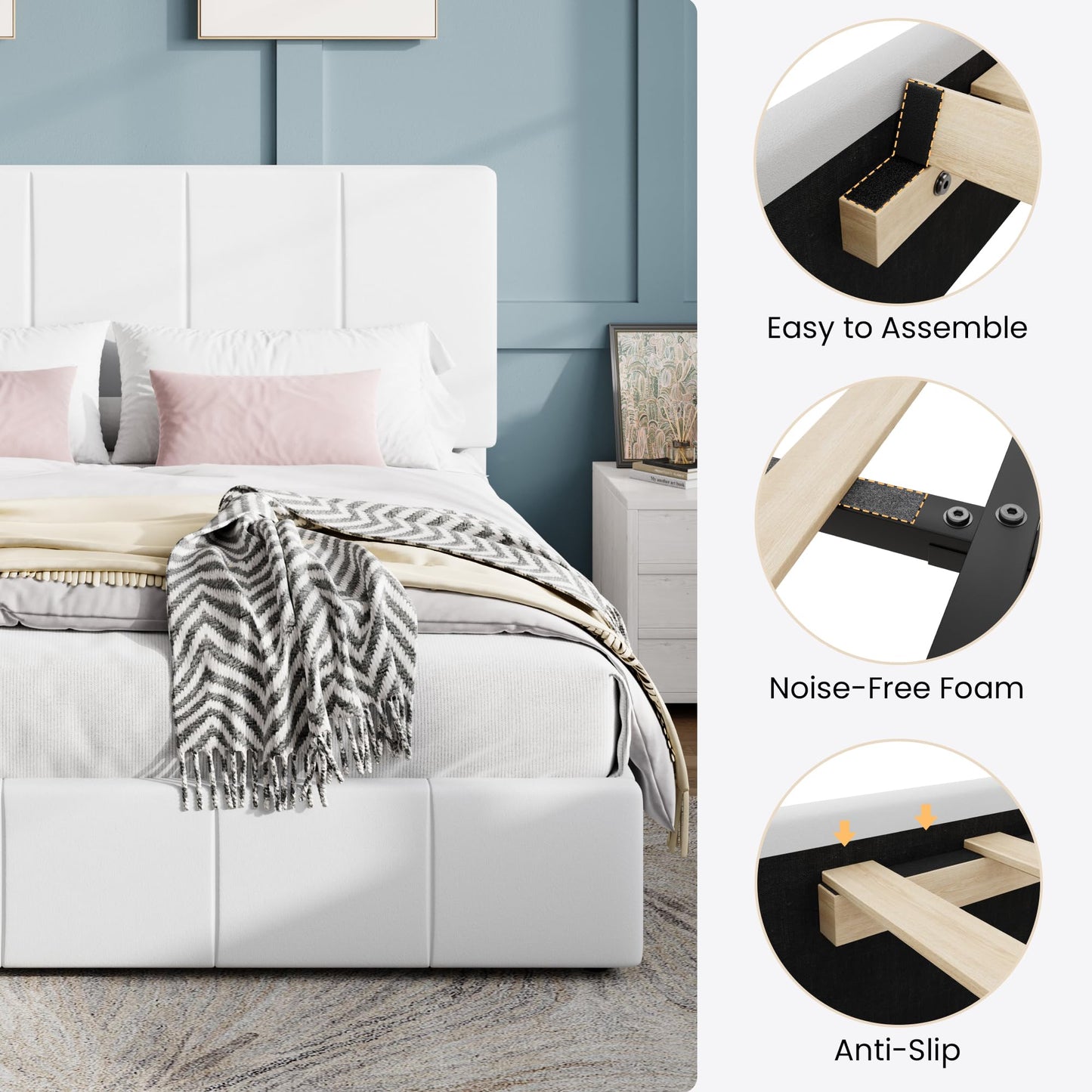 SHA CERLIN Queen Bed Frame, Velvet Upholstered Platform Bed Frame, Vertical Channel Tufted Adjustable Headboard, Low Profile Bed Frame, No Box Spring Needed, Easy Assembly, White