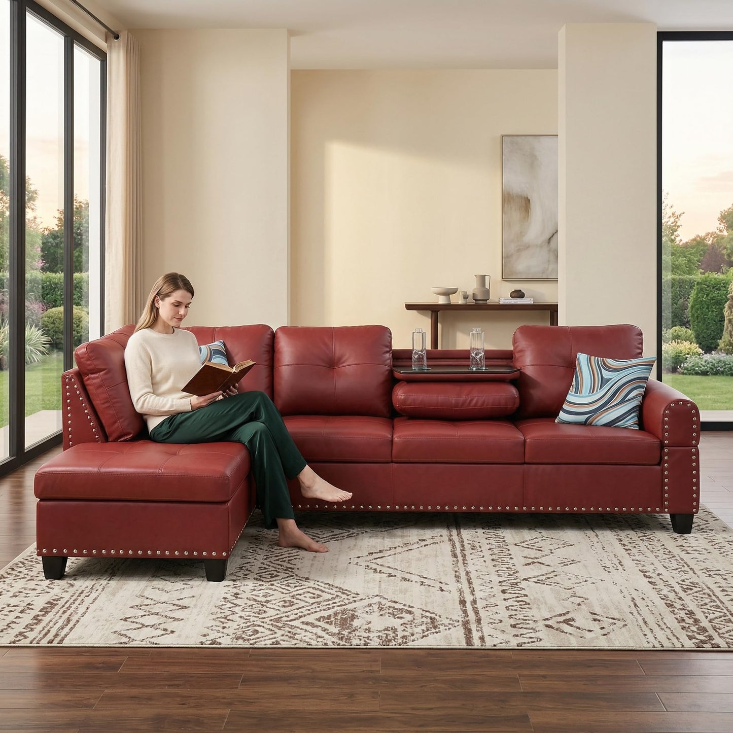 Trygoal L-Shaped Sectional Sofa, Modern 4-Seat Couch with Built-in Cup Holders, Leather Sectional Couch with Left Facing Chaise for Living Room, Apartment, Office, Red