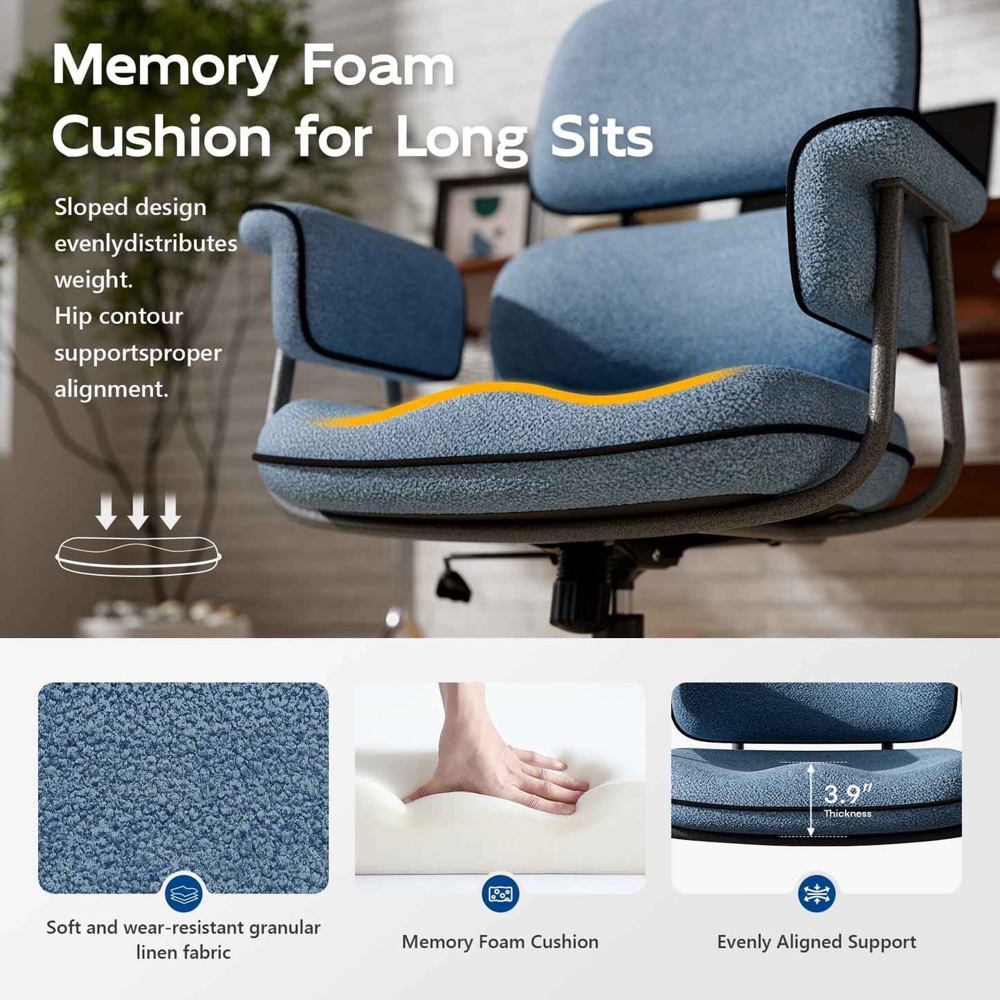 HomeZeer Blue Office Chair with Memory Foam Cushion, Fabric Office Chair with Wheels and Arms, Mid Century Modern Desk Chair with Adjustable Height and Granular Linen