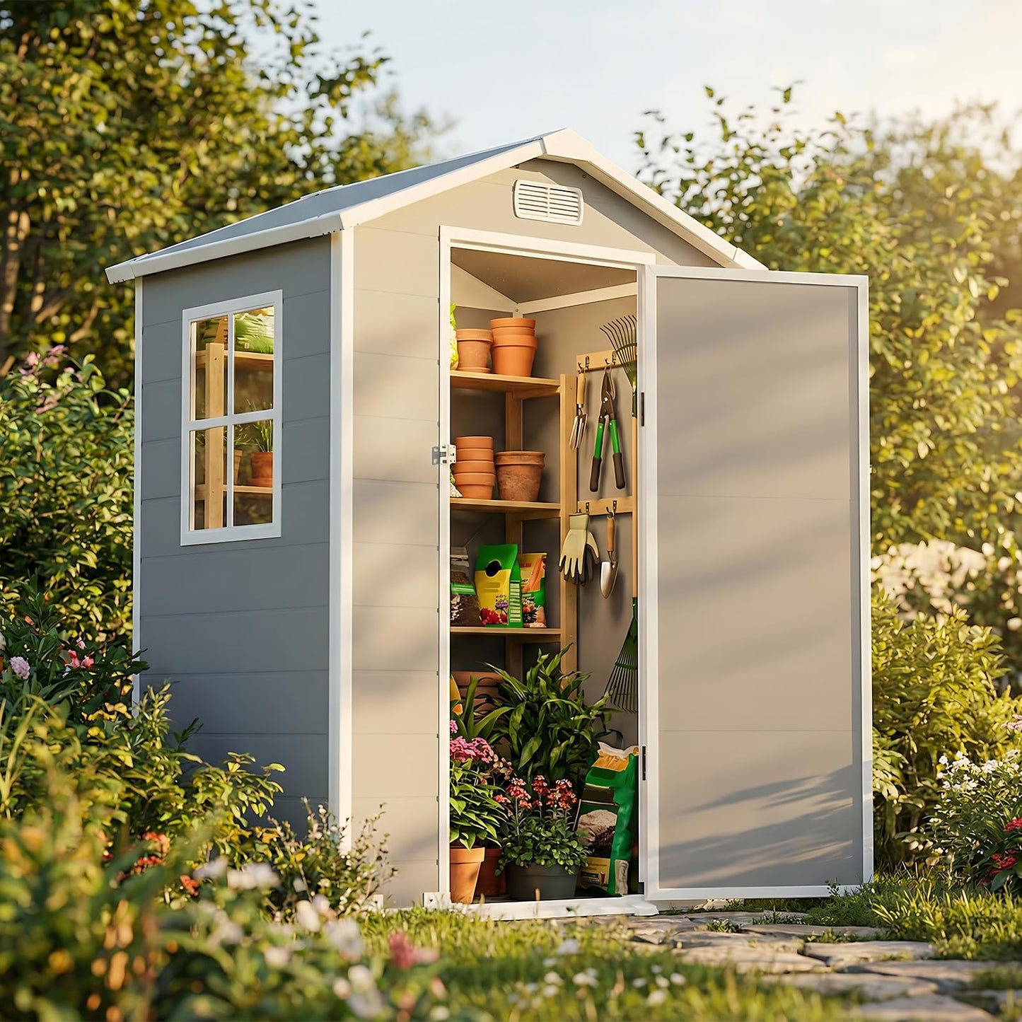 4x3 FT Outdoor Storage Shed, Resin Shed with Sloped Roof and Rain Holes, Storage Shed with Lockable Door and Transport Ramp, with Window＆Vent,Suitable for Backyard, Garden, Patio, Lawn, Gray