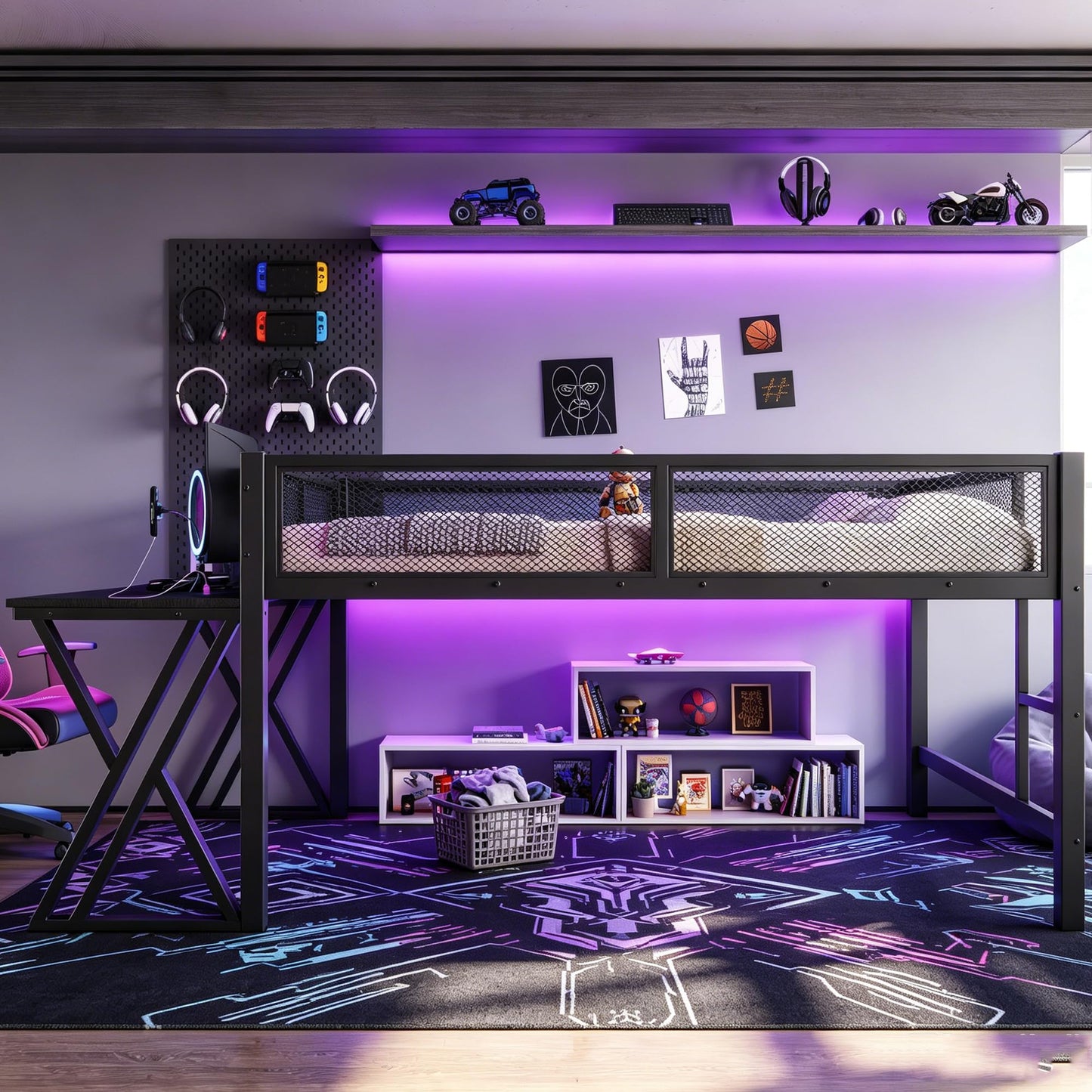 Bellemave Metal Full Low Loft Bed with Desk, LED Lights & Charging Station, Gaming Loft Bed Frame for Boys, Girls & Teens, Space-Saving Kids Full Loft Bed, Black