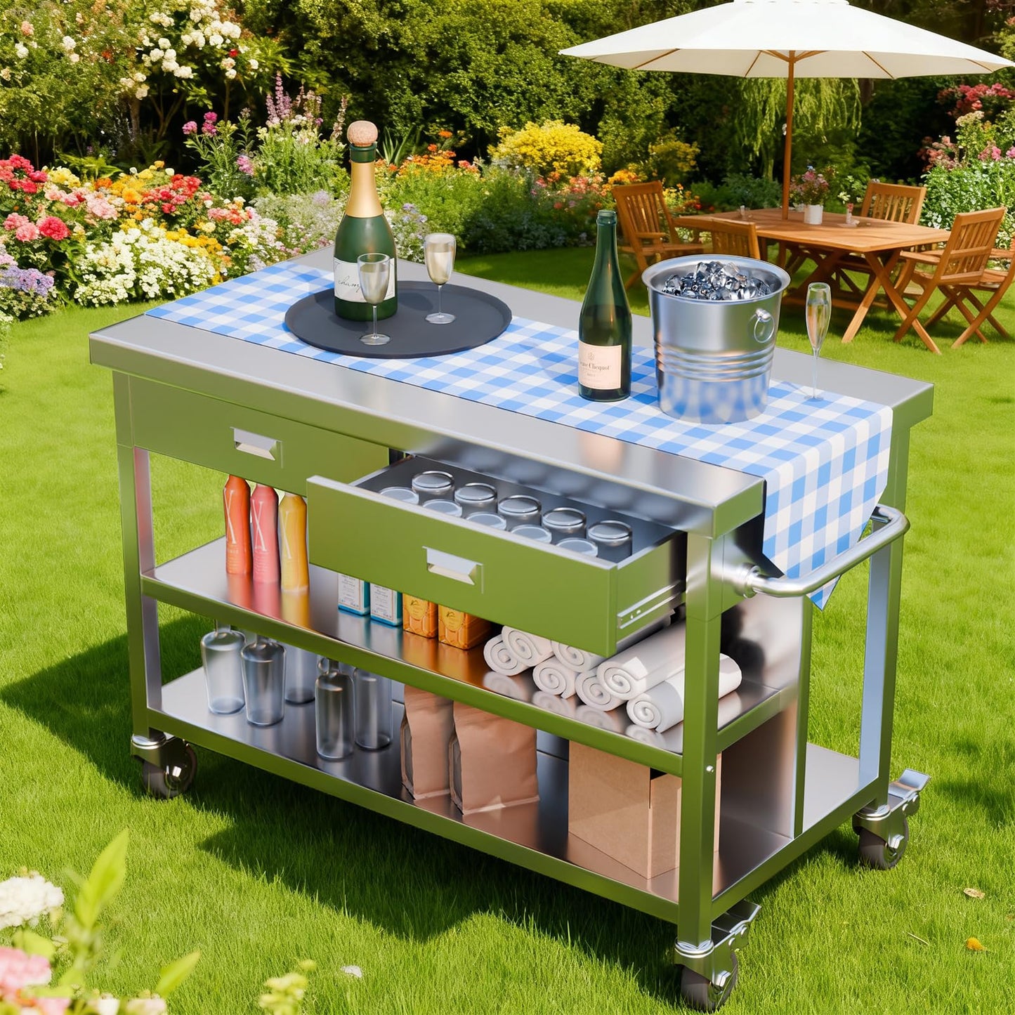 KINGBO 50" Stainless Steel Kitchen Island with Storage, Rolling Kitchen Island Table with 2 Drawers on Wheels, Portable Island Cart for Kitchen, Outdoor, Restaurant, Cafe