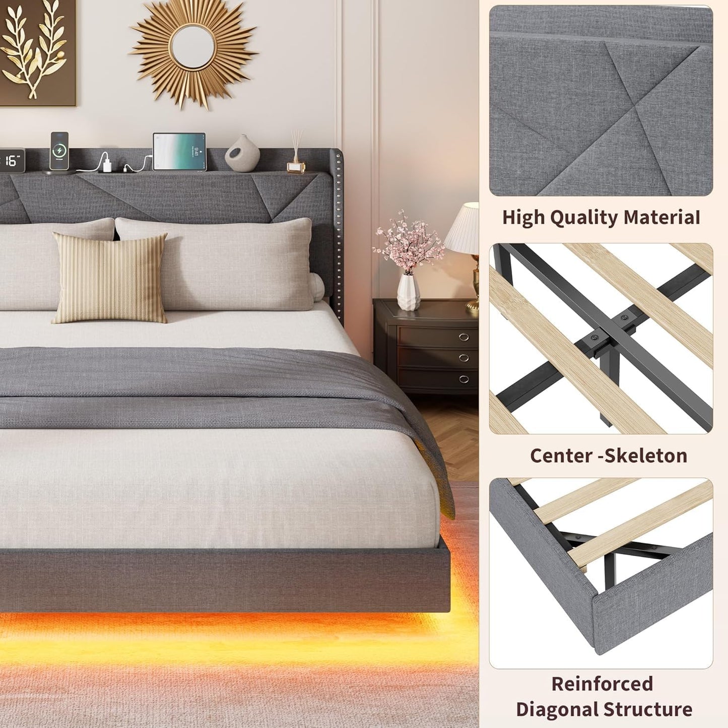 IDEALHOUSE Queen Size Floating Bed Frame with LED Lights & Charging Station – Upholstered Platform Bed with Storage Headboard, No Box Spring Needed, Easy Assembly, Grey