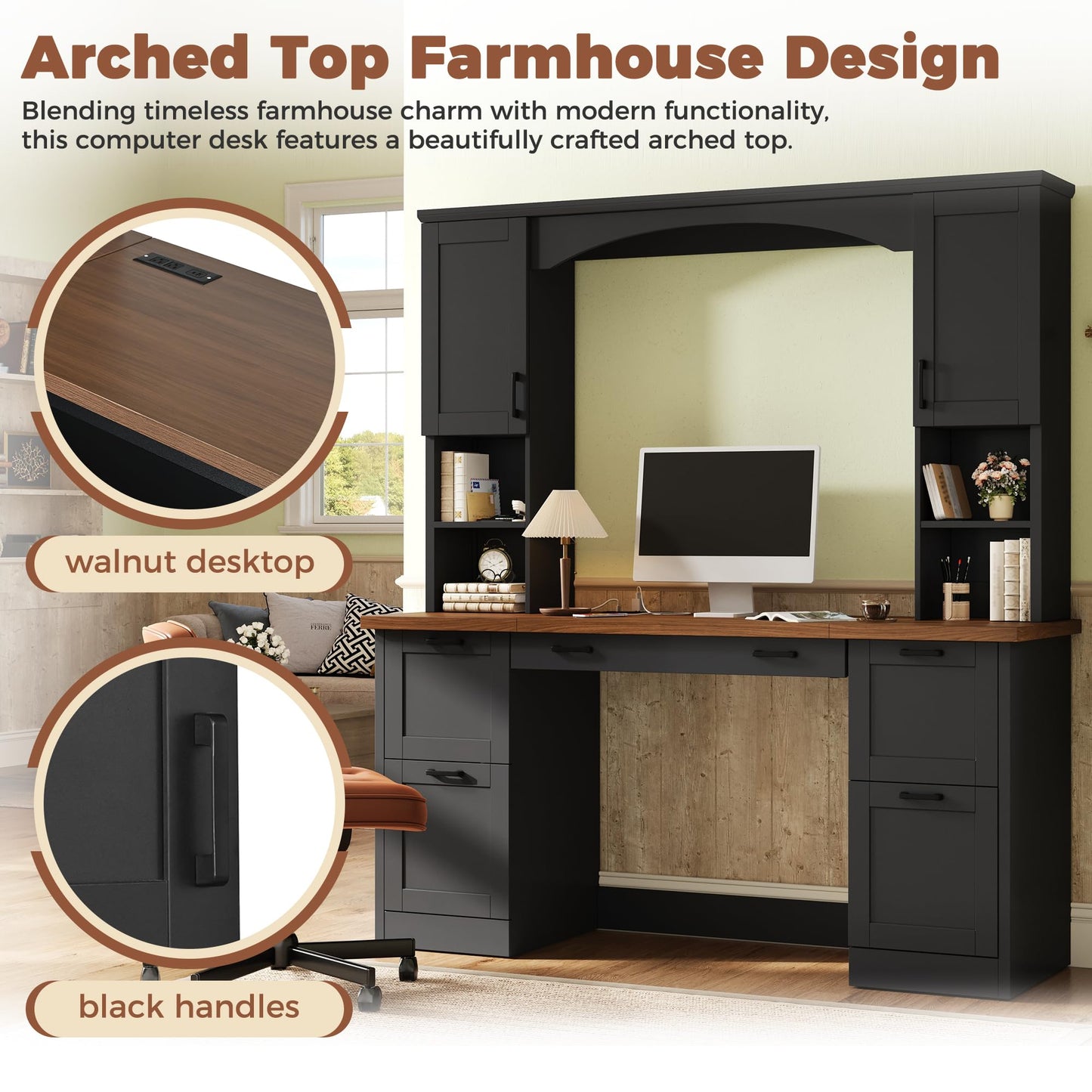 Merax Farmhouse Arched 67" Computer Desk with Power Outlets & Keyboard Tray, Wood Executive Home Office Desk with Hutch, Writing Desk with Storage Drawers for Working Study, Black