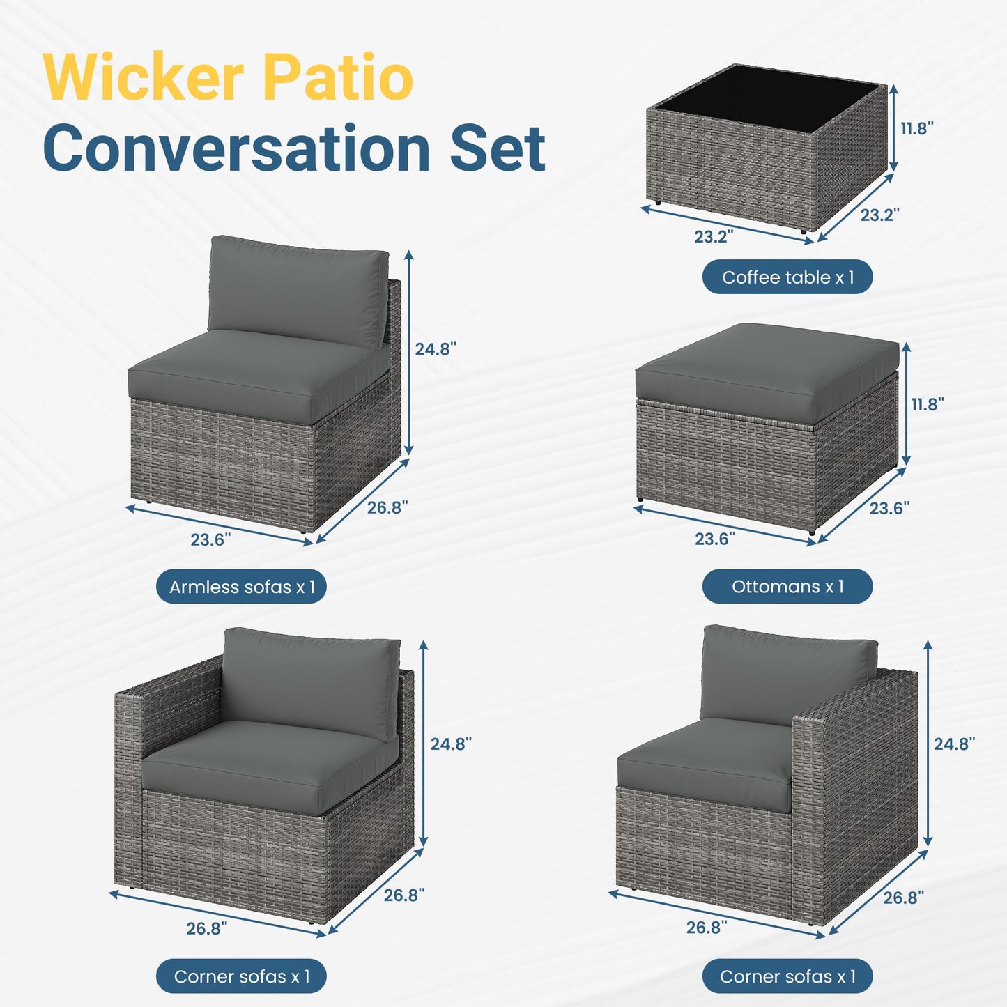 Wisteria Lane 5-Pieces Outdoor Patio Furniture Set, All Weather Wicker Rattan Sectional Sofa, Patio Conversation Set with Cushions & Glass Coffee Table for Backyard Porch Garden Balcony, Grey