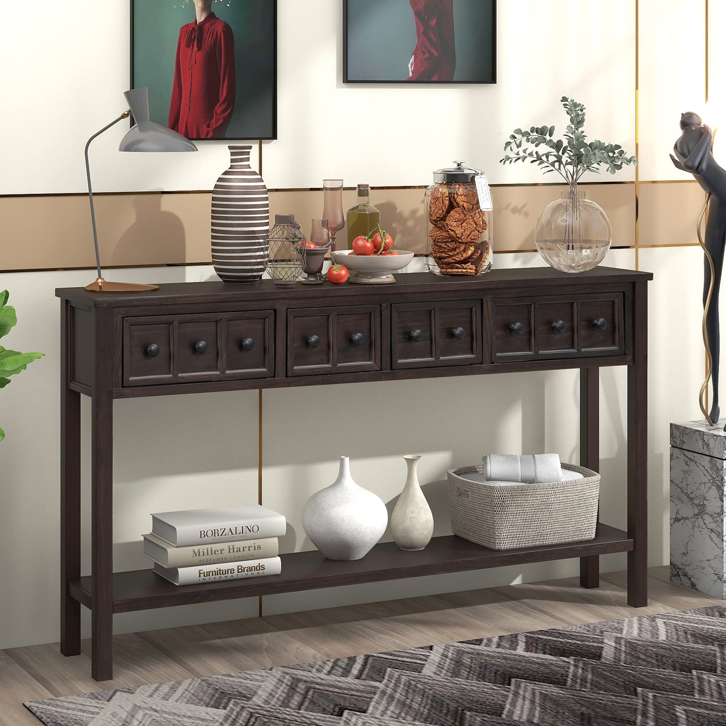 Merax Wood Narrow Console Table with Drawers and Bottom Shelf for Entryway Hallway Front Door Espresso