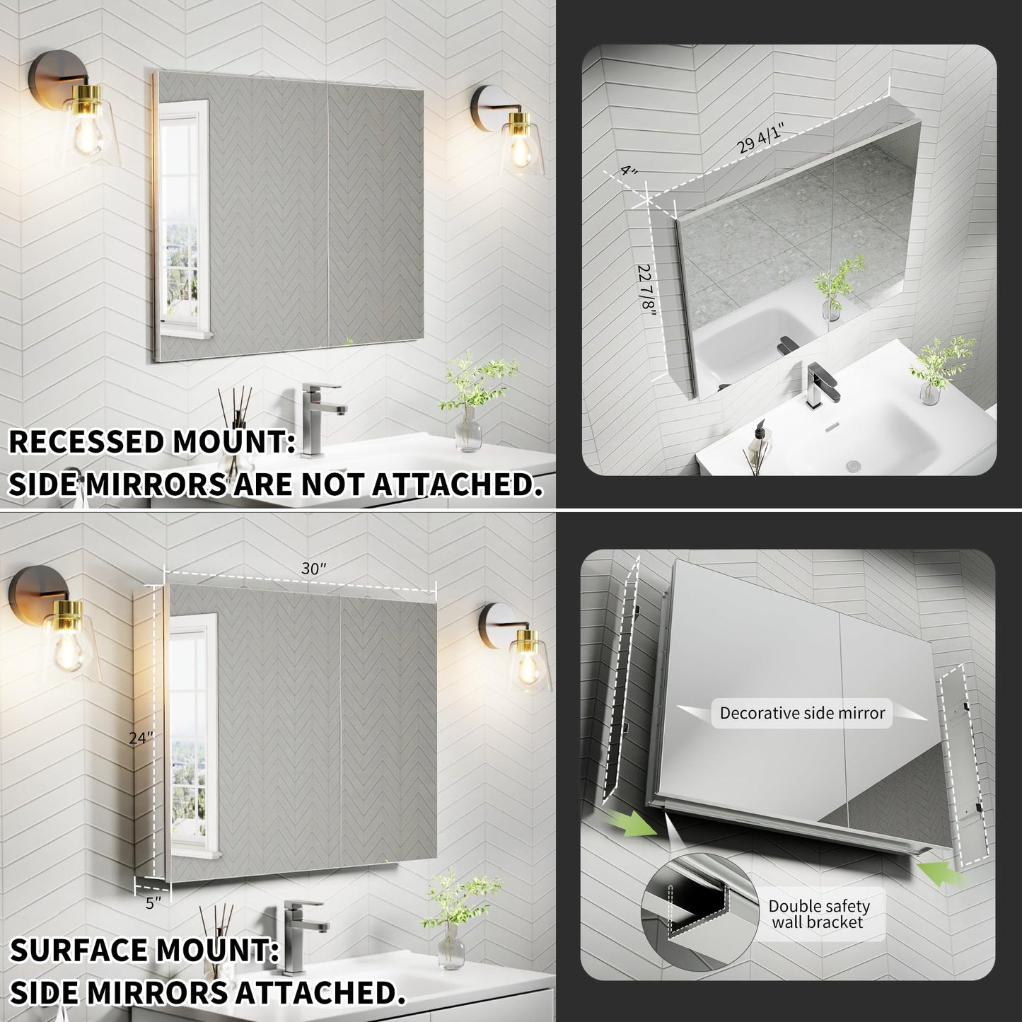 30x24 Inch Recessed Medicine Cabinet with Mirror, Aluminum Medicine Cabinet Mirror, Recessed or Surface Mount with 2 Adjustable Shelves Storage Organizer, Pre-Assembled Door, Soft-Closed System