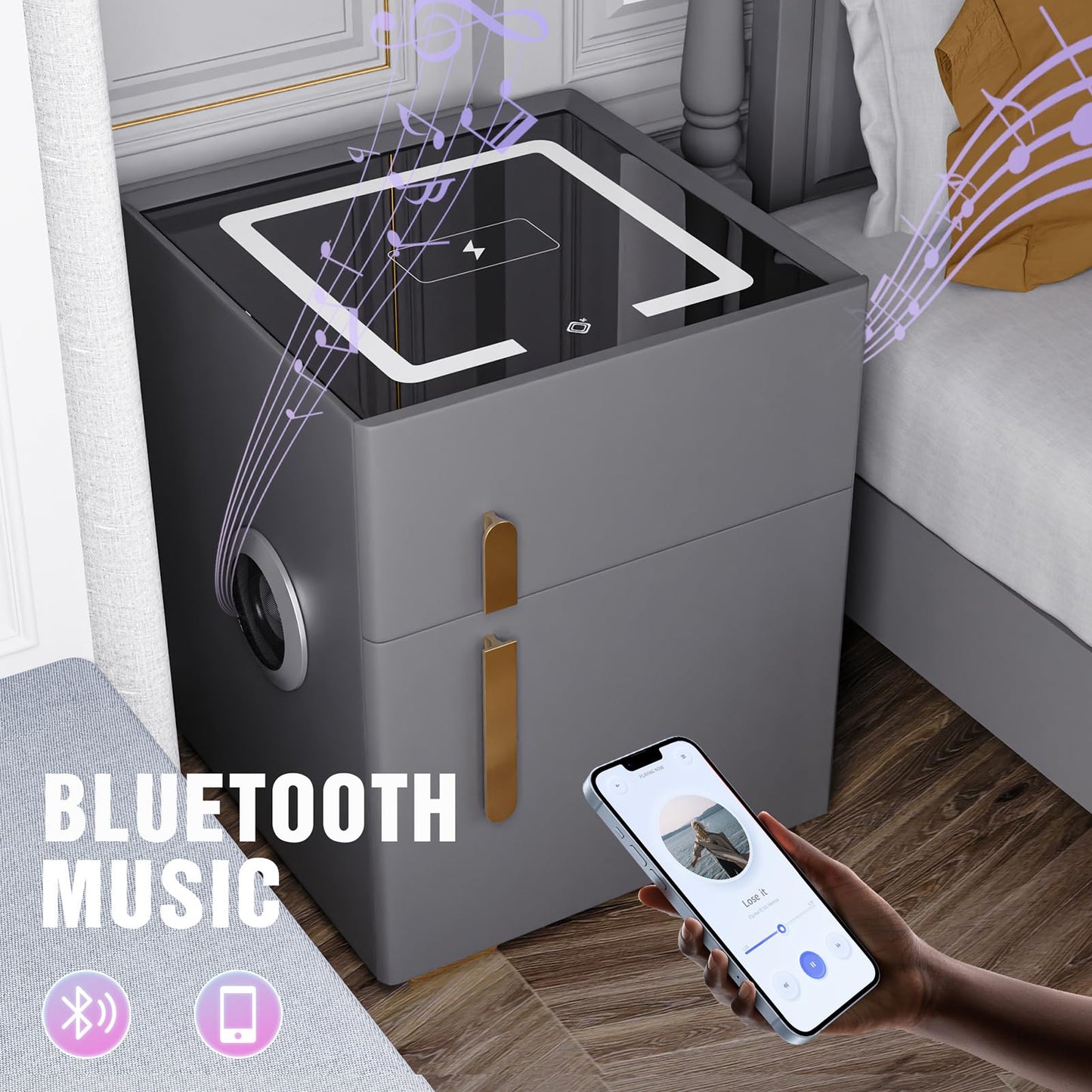 QHRAY Smart Nightstand with Drawers and Safe,Nightstand with Wireless Charging, Modern Bedside Table with Strongbox, USB Night Stand,LED Lights Bluetooth Speaker Side Table for Bedroom, Office