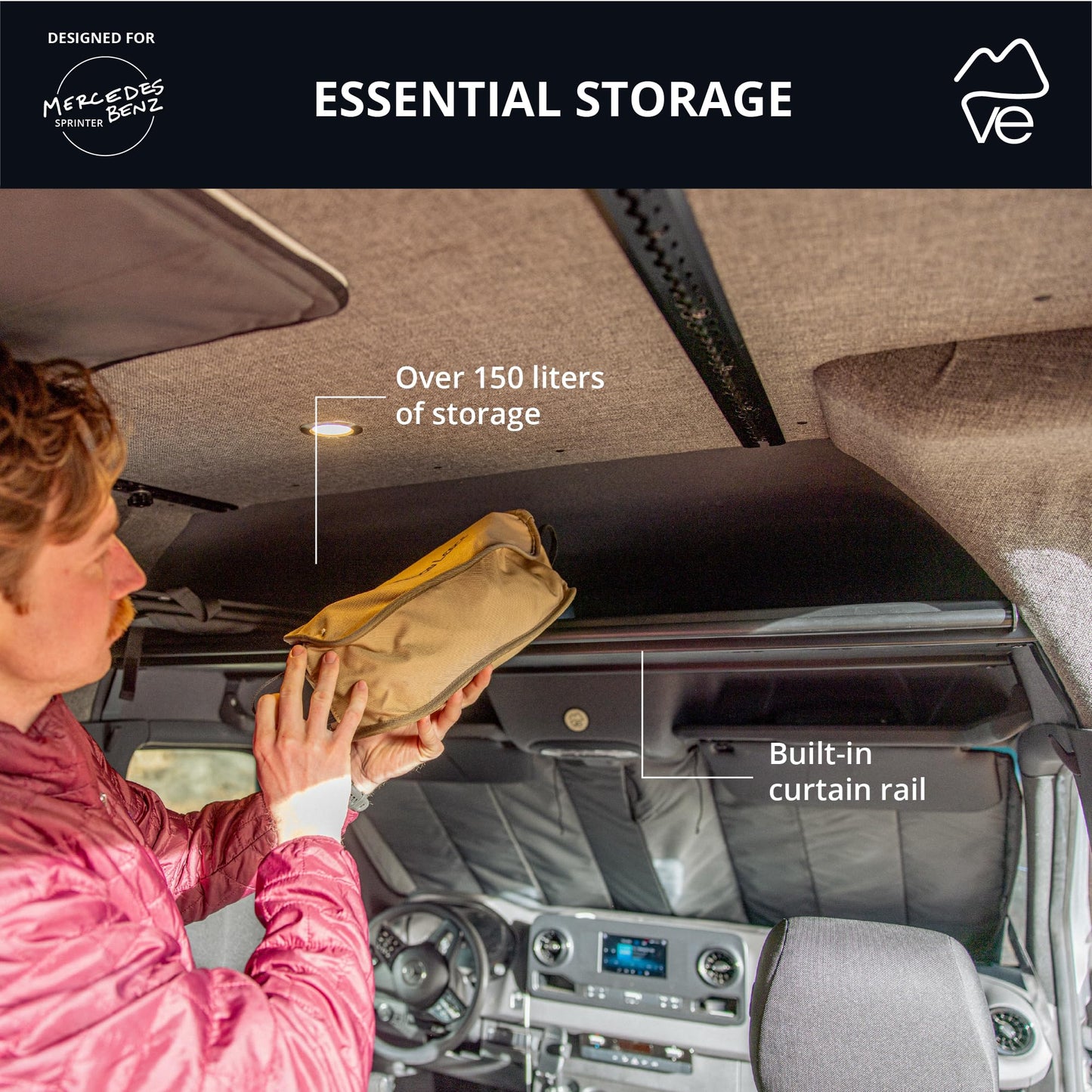 VanEssential Headliner Shelf & Curtain Rod - Mercedes High Roof Sprinter Van 2019+ (VS30)