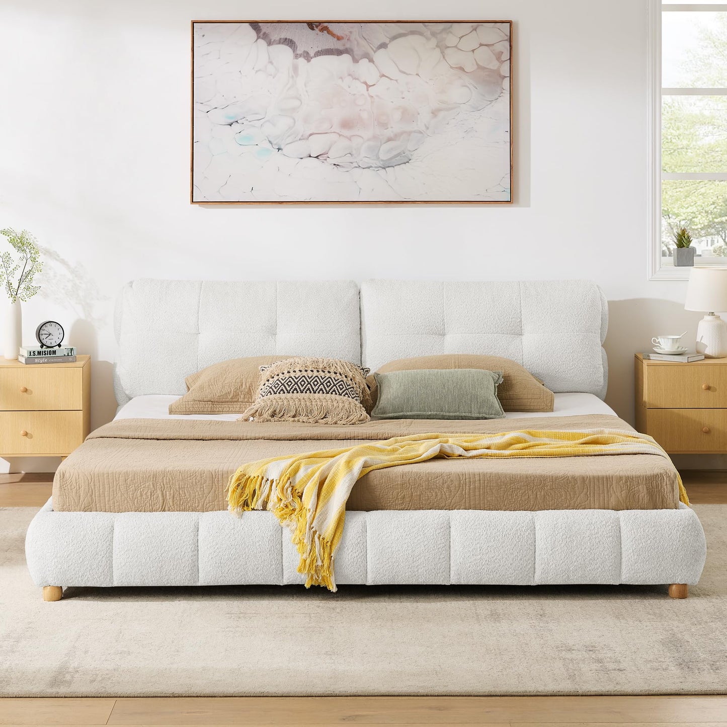 KEIKI King Size Boucle Platform Bed Frame with Tufted Cloud Headboard, Modern Style Upholstered Bed with Slats and Solid Wooden Legs, Easy Assembly, No Box Spring Required, for Bedroom, Beige