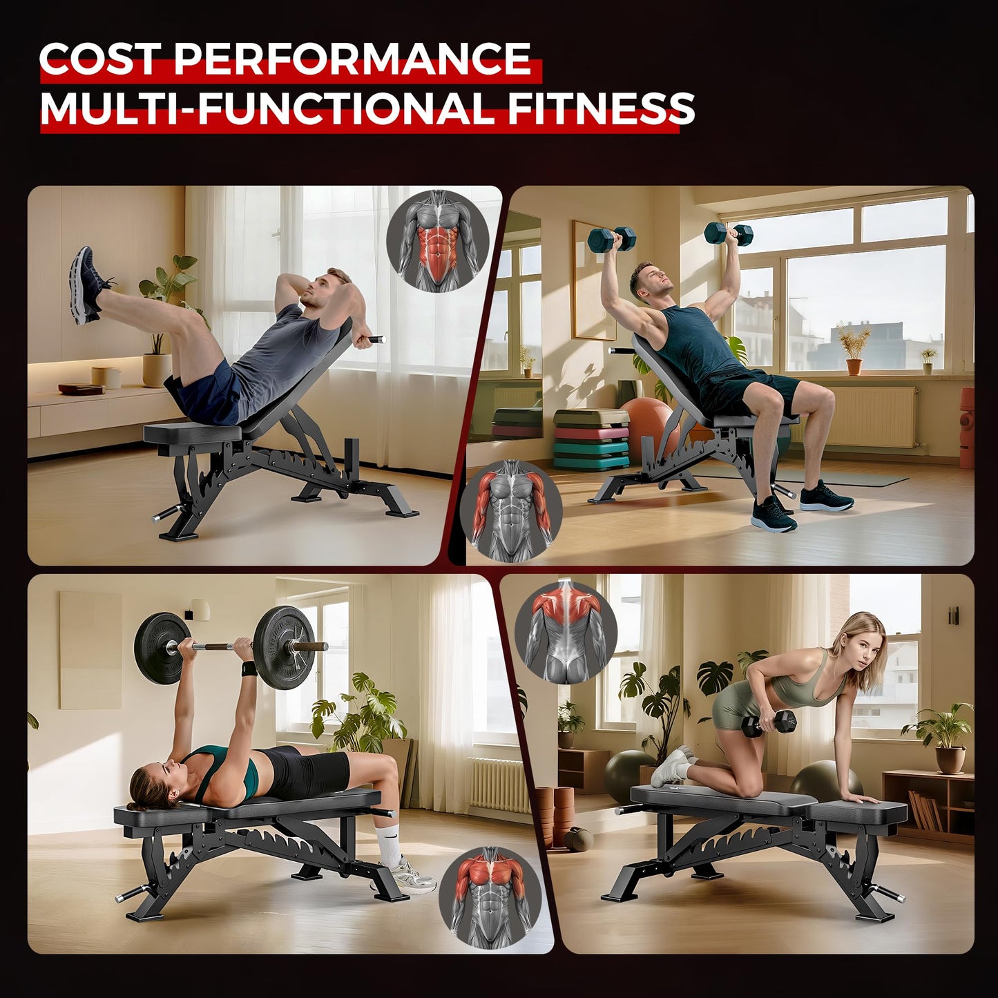 STACOO Weight Bench, Adjustable Workout Bench for Home Gym Full Body Workout, 1300LBS Weight Capacity Bench Press, Flat/Incline Bench with 33" Extra-Long Backrest & Wheels