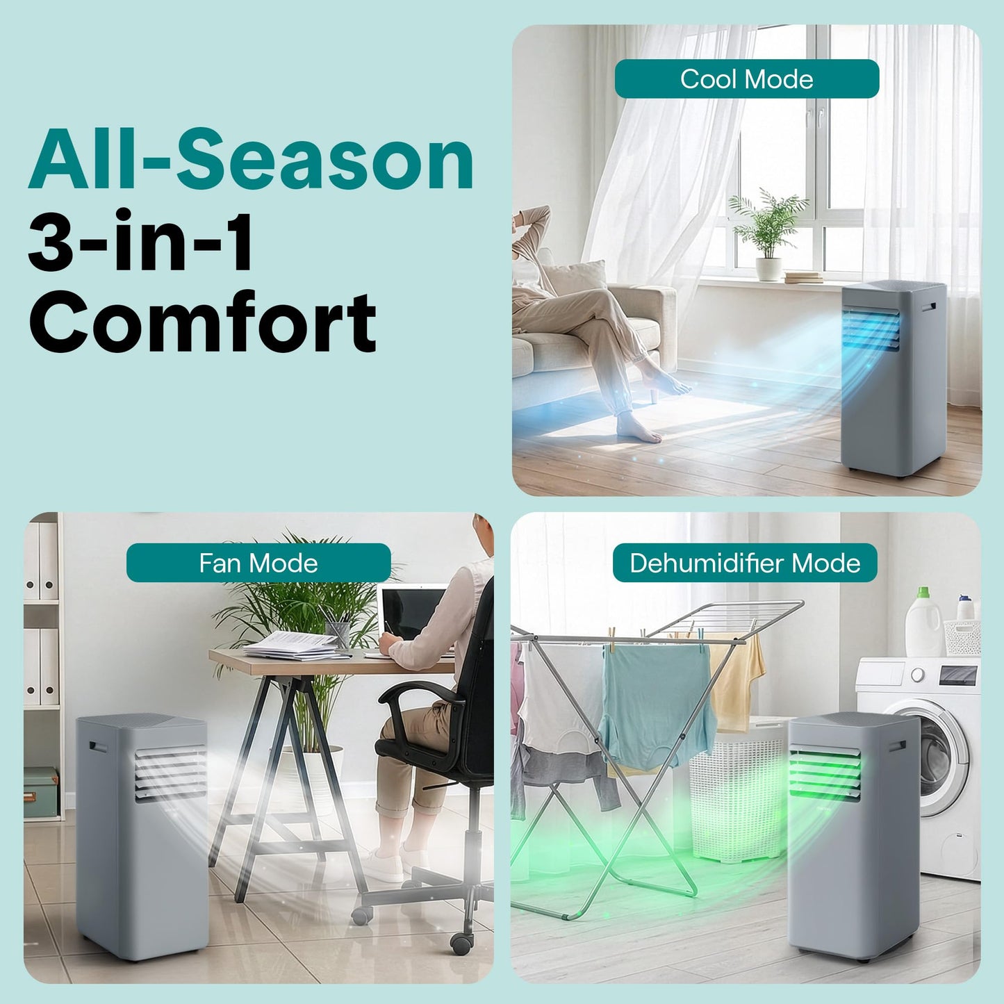 SereneLife Portable Air Conditioner 8000 BTU | Cools Rooms up to 300 sq ft | 3-in-1 Cooling, Fan & Dehumidifier | 24-Hr Timer & Remote| Standing Portable AC Unit with Window Kit and Rolling Wheels
