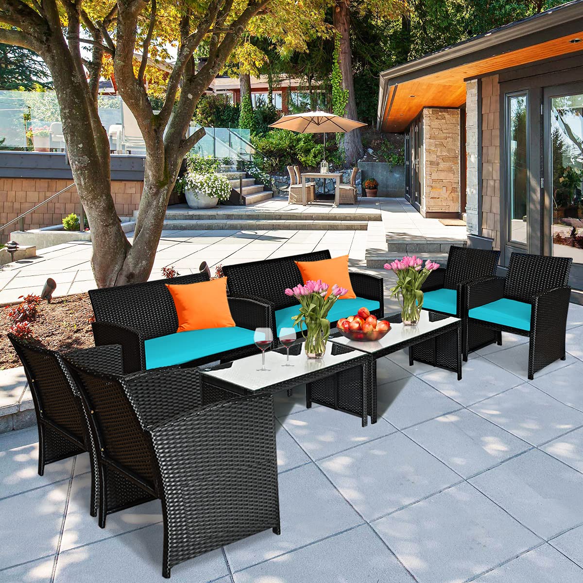 Tangkula 4 Pieces Patio Wicker Conversation Furniture Set, Patiojoy Sofa & Table Set w/4 Seats, Outdoor Rattan Sofa Set for Balcony Backyard, Wicker Chair Set with Tempered Glass Coffee Table