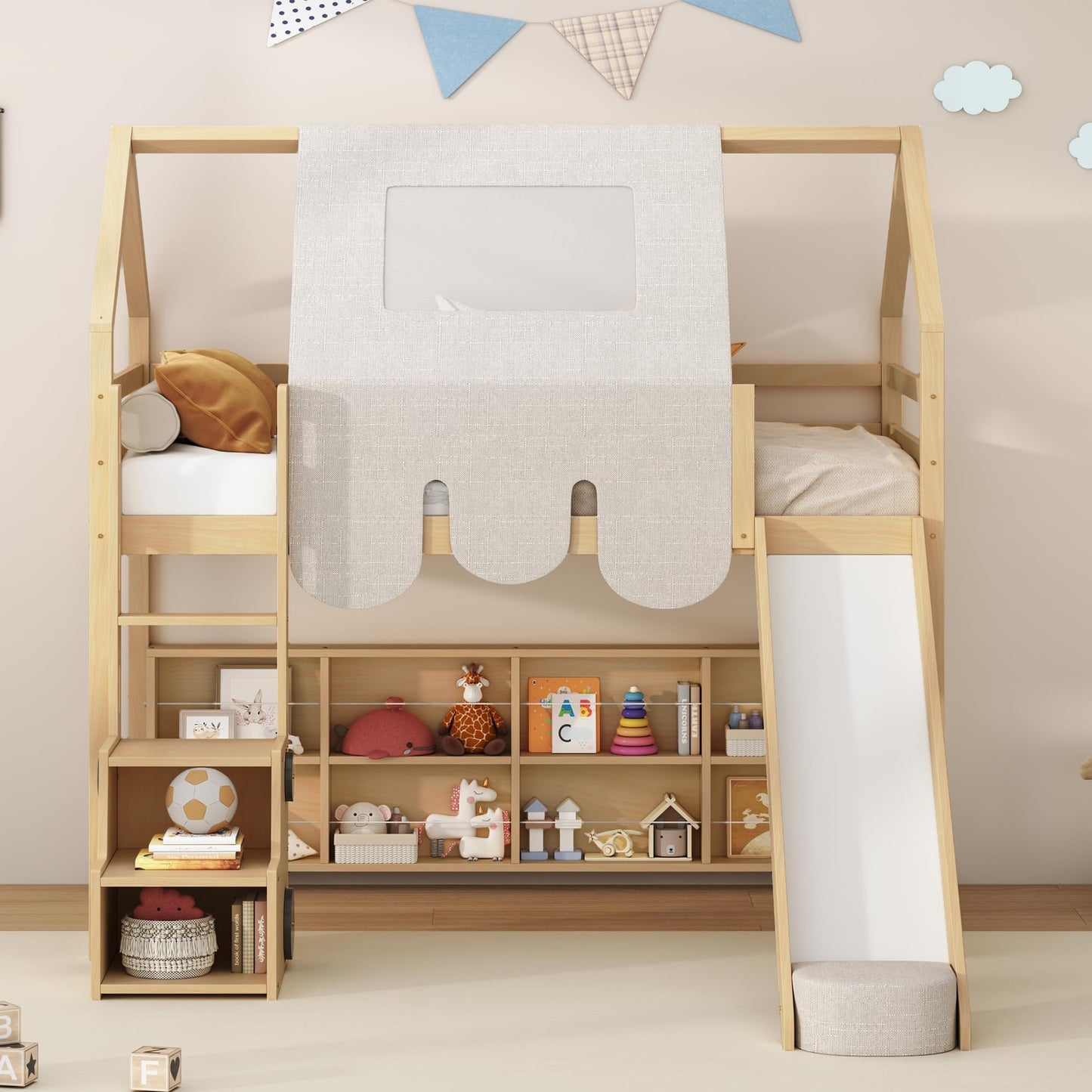 Merax Twin Size Junior Wood Loft Bed with Slide and Storage Shelves, House Loft Bed with Staircase for Girls Boys,Easy Assemble, Natural