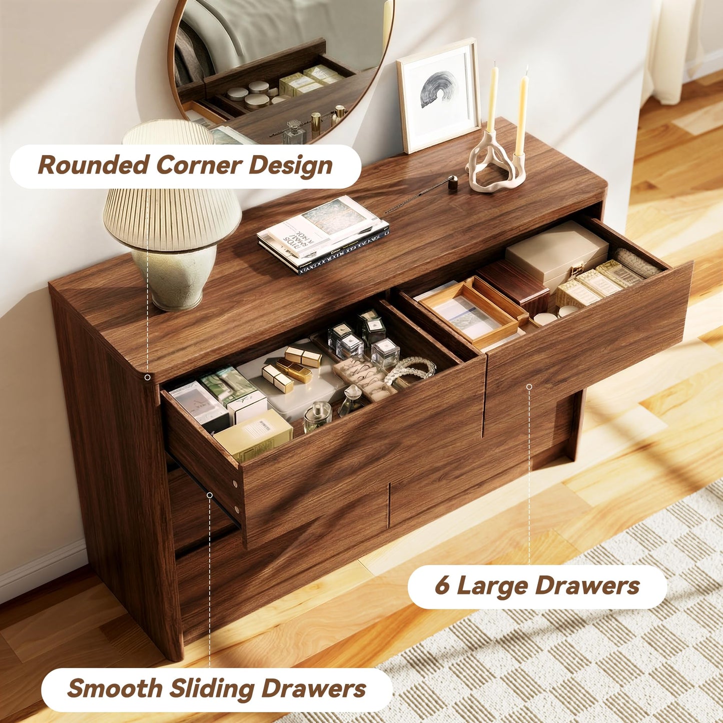 Now Mais 6 Drawer Walnut Dresser for Bedroom, 47.2" Wide Modern Chest of Drawers with 6 Large Storage Space with Curved Edge Design, Large Dresser for Bedroom,Walnut