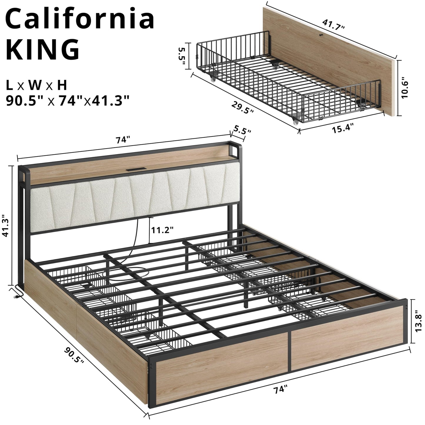LIKIMIO California King Bed Frame with 4 Storage Drawers, Platform Bed with Charged Headboard, Sturdy and Stable, No Noise, No Box Spring Needed, Easy to Install, Wood and Cream