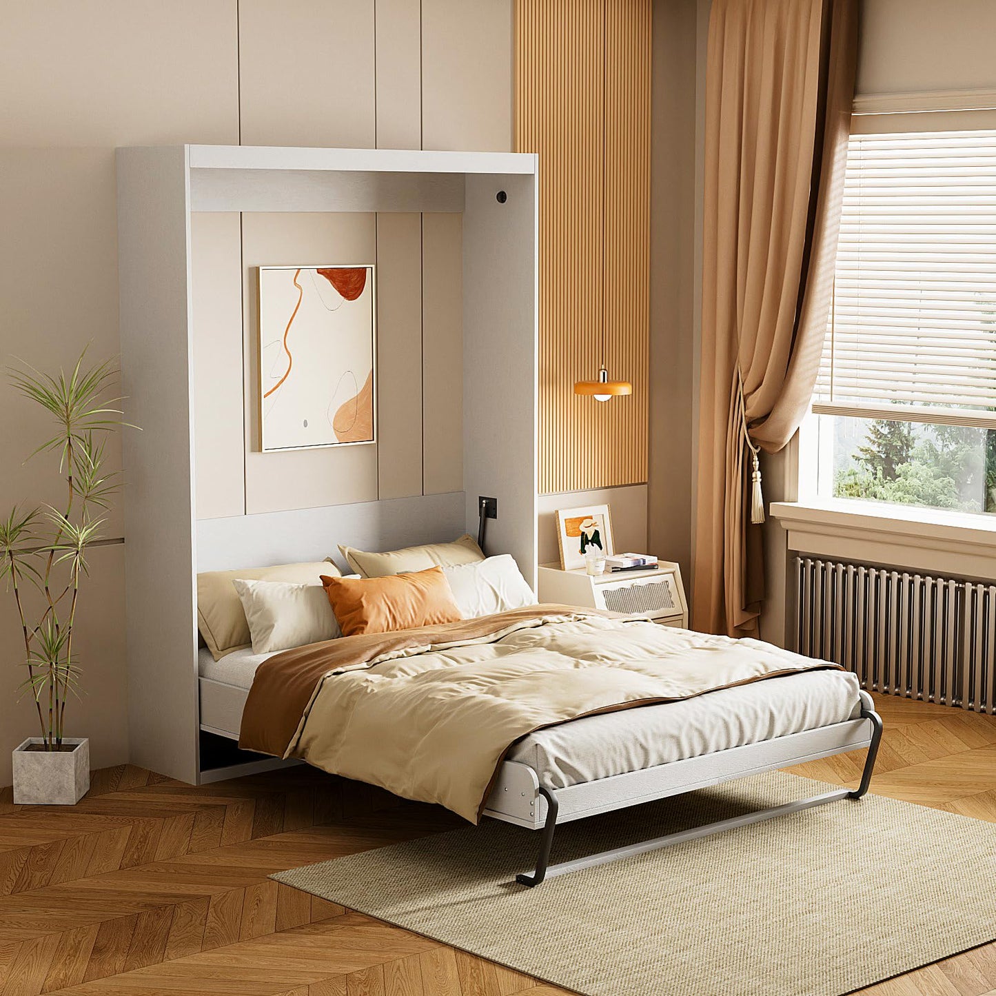 ROOMTEC Full Size Murphy Wall Bed, White, Space-Saving Furniture Bed Frame for Bed Room,Guest Room,Home Office