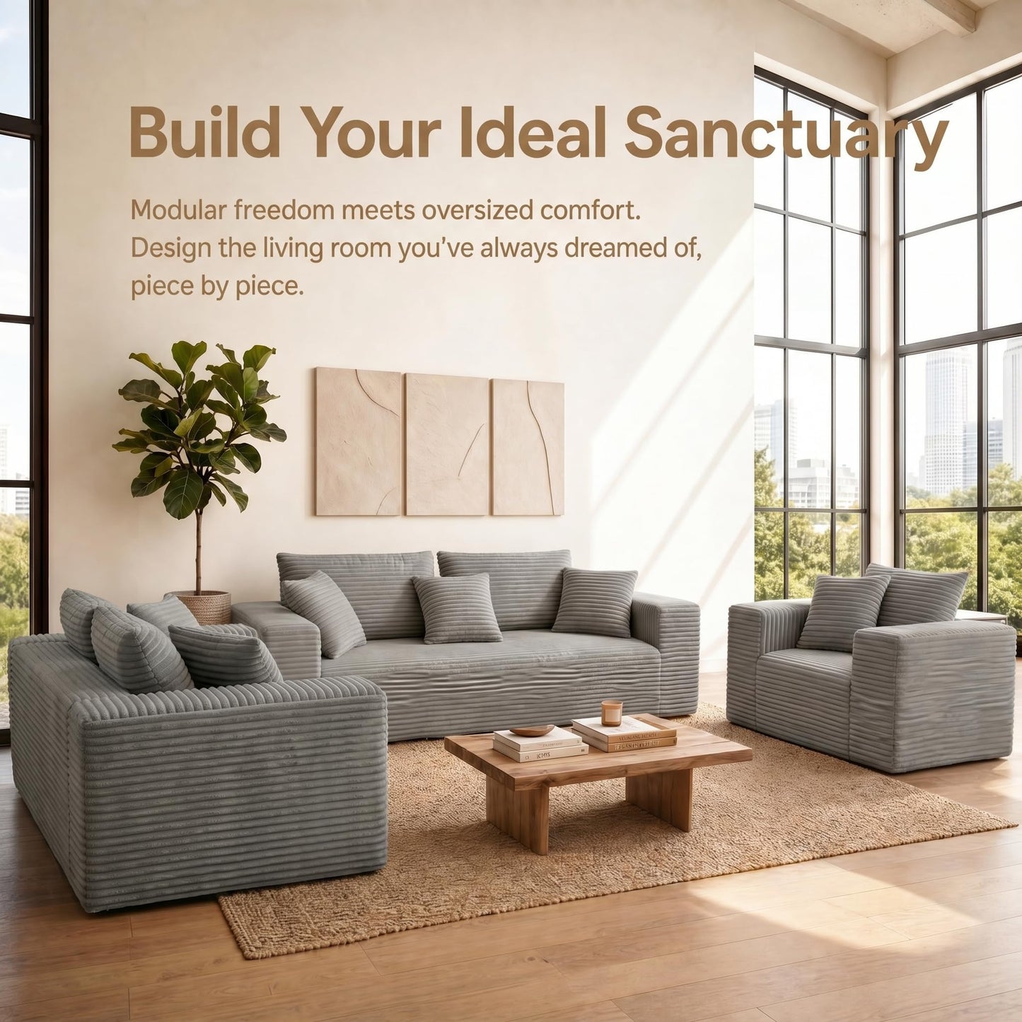 Trygoal 3-Pieces Sectional Boneless Couch Set for Living Room, Oversized Couch Including 3-Seater & 2-Seater & Single Chair, Deep Seat Sofa Set with Armrests & Pillows,No Assembly Required, Light Gray
