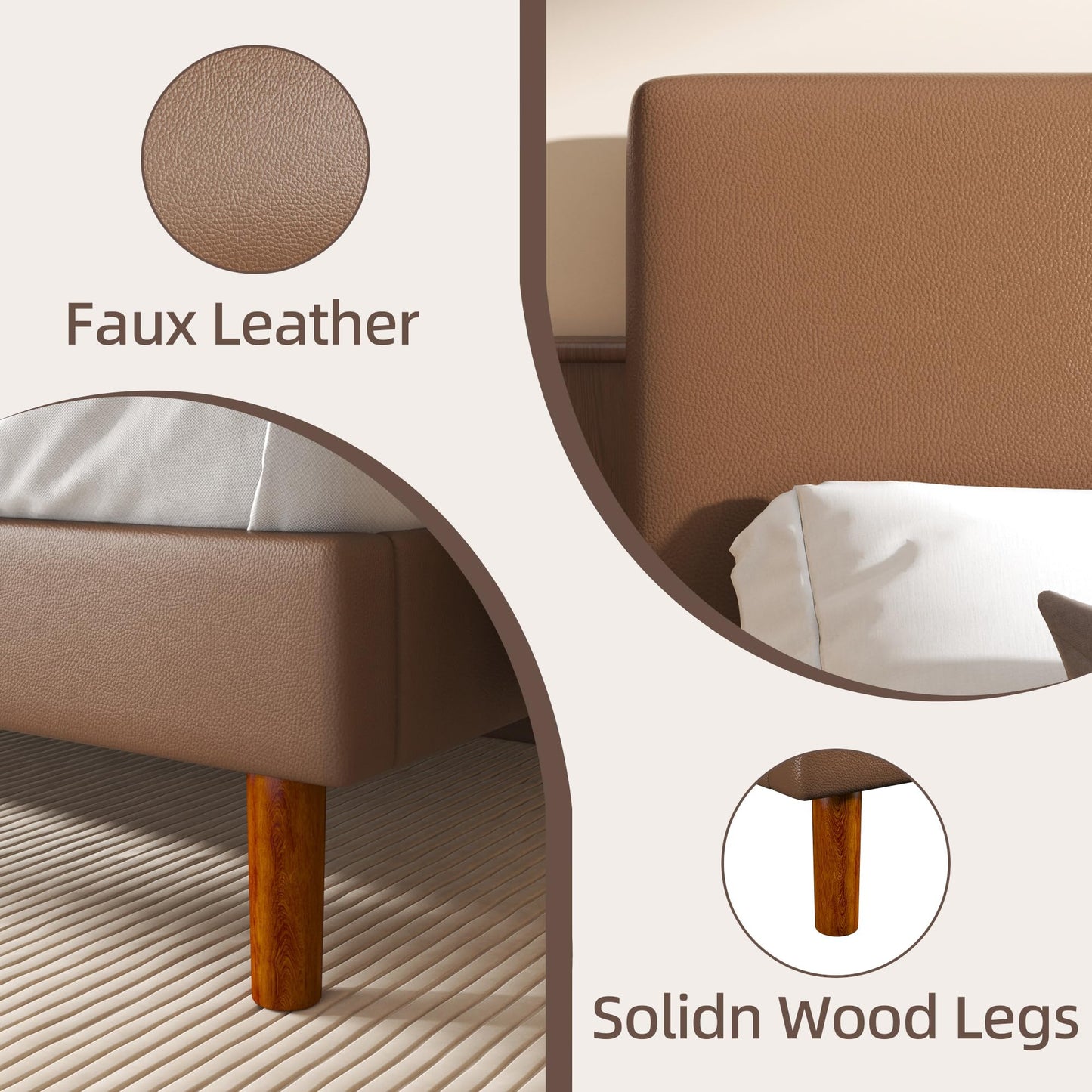 Lcwtvgxr Queen Upholstered Platform Bed Frame with Headboard, Faux Leather Modern Bed Frame with Wood Slat Support, No Box Spring Needed, Easy Assembly, Brown