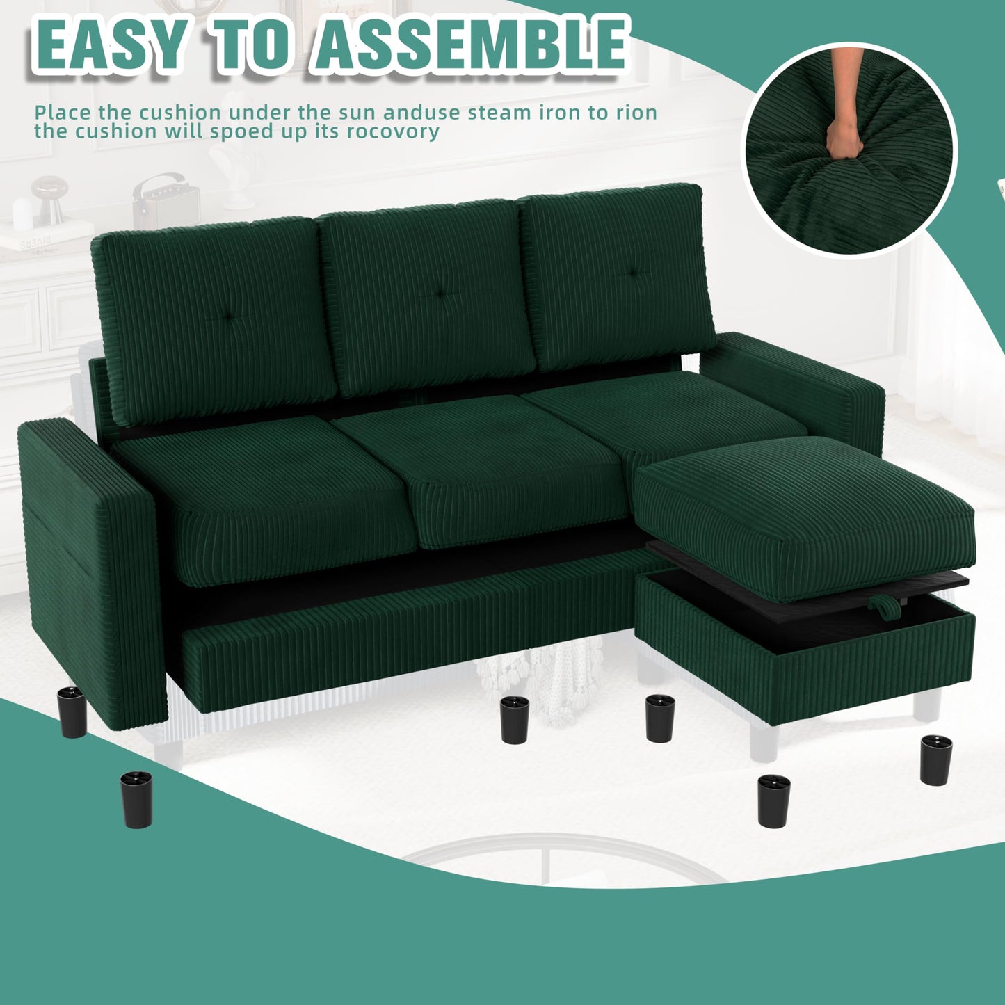 SUNLEI Convertible Sectional Sofa Couch, 3 Seat L-Shaped Sofa with Removable Ottoman Storage, L-Shaped Small Couch for Living Room, Olive Green