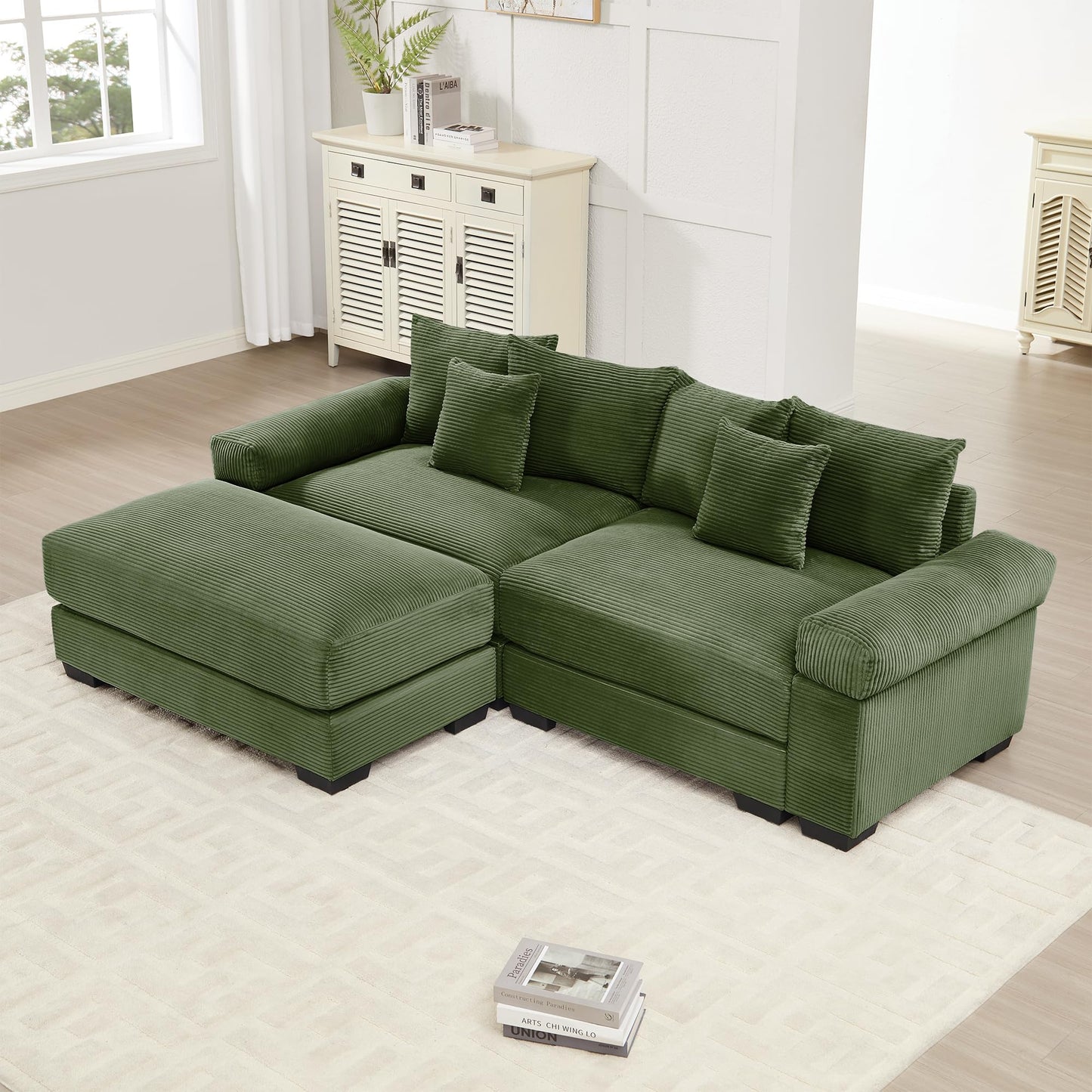 KEIKI 83" L-Shaped Oversized Corduroy Modular Sectional Loveseat Sofa with 1 Ottoman, High-Density Foam Cushion, Extra-Thick Armrest, 2-Seater Fluffy Corner Couch with 6 Pillow, for Living Room, Green