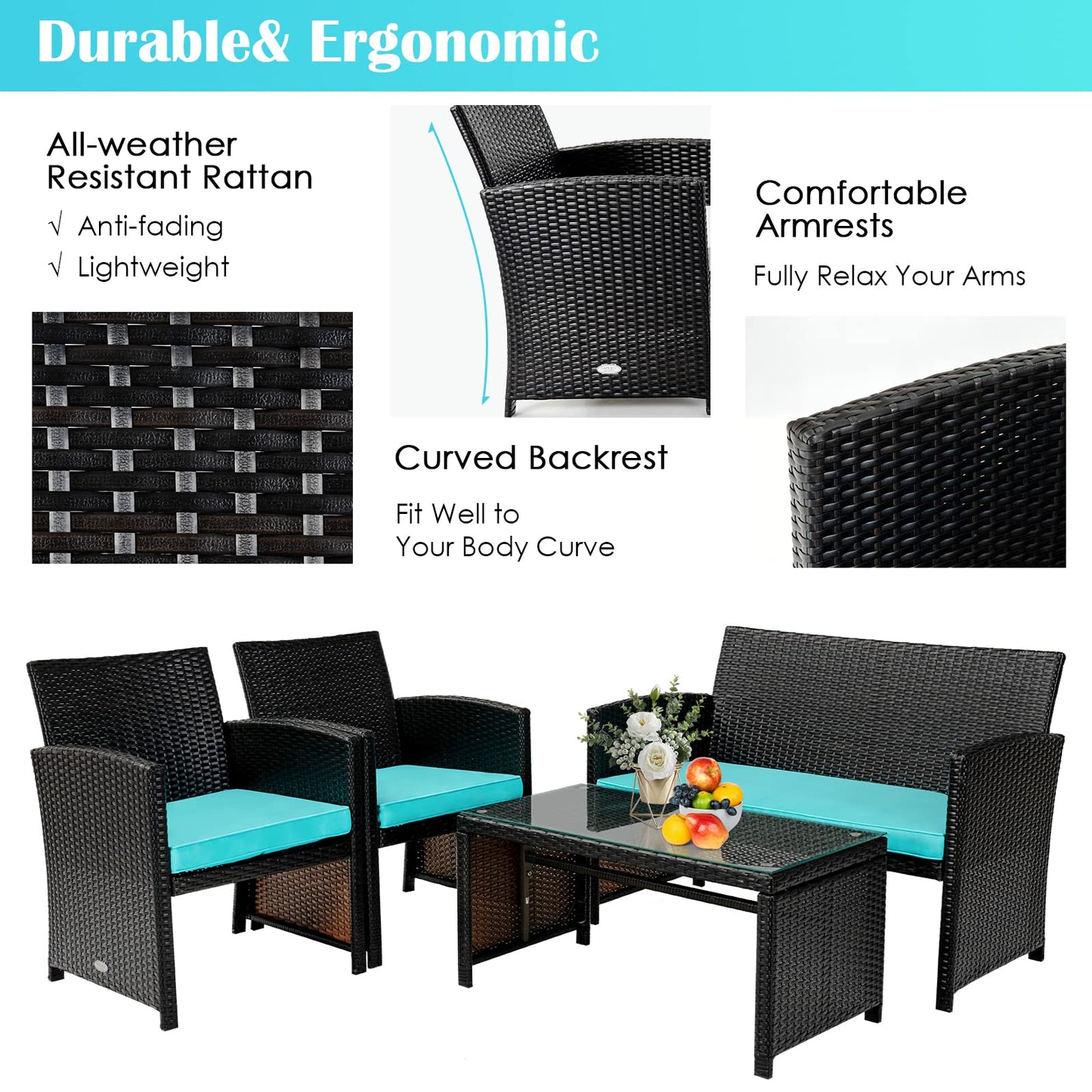 COSTWAY 4 Piece Patio Furniture Set, Outdoor PE Rattan Wicker Sectional Sofa with Cushion and Coffee Table, Patio Conversation Sets for Balcony Lawn Porch Patio Backyard Garden Poolside, Turquoise