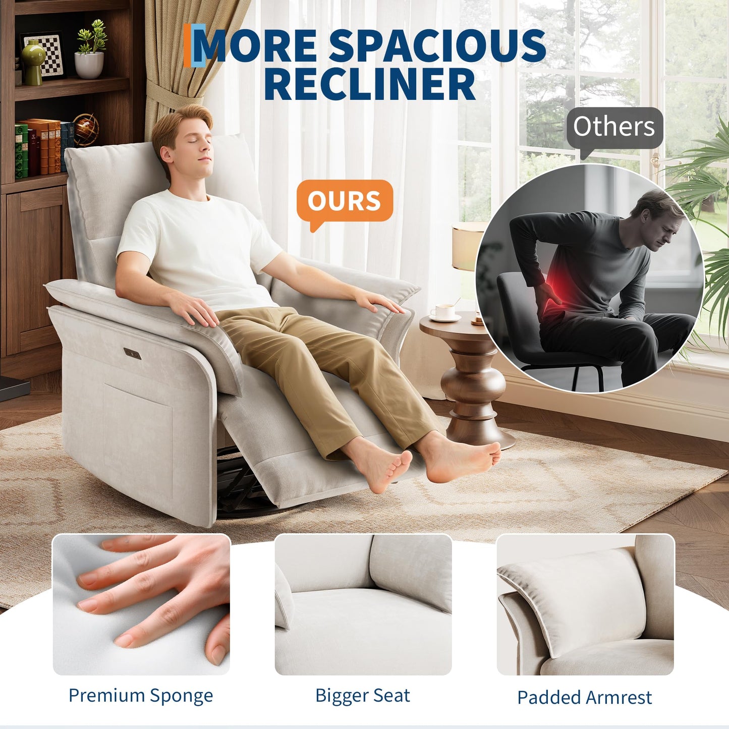GAOMON Swivel Rocking Recliner Chair, Manual Leather Recliner Glider with Lumbar Support & Padded Armrest, Comfortable Rocker Nursery Single Sofa for Living Room and Bedroom (Cream)