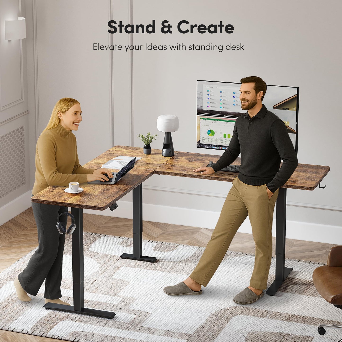 FEZIBO 63" L-Shaped Standing Desk - Adjustable Corner Desk L Shape, L-Shaped Adjustable Desk with Splice Board, L Shape Standing Desk, Rustic-Brown