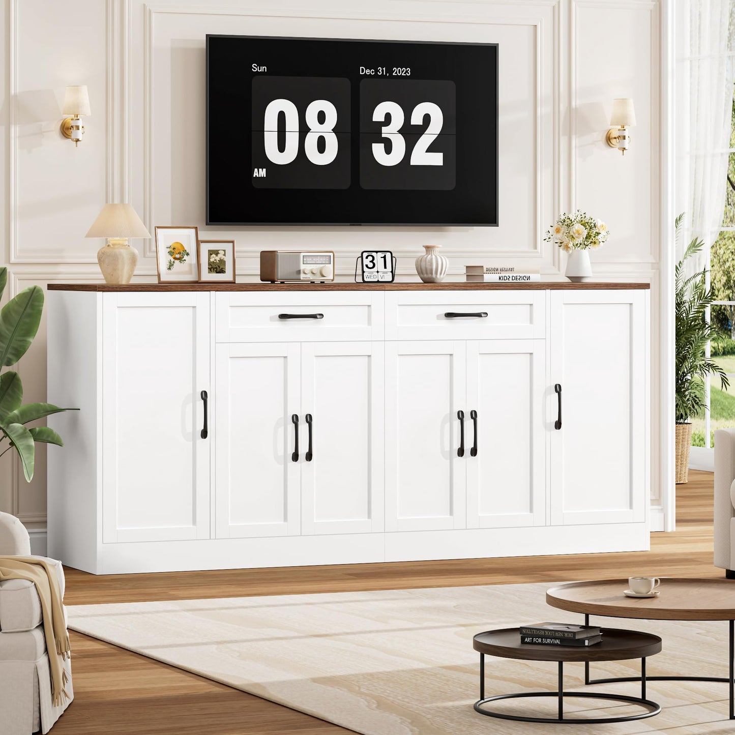 BOTLOG 71” Large Buffet Cabinet with Storage, Sideboard Buffet Cabinet with Adjustable Shelves and 6 Soft-Close Doors, Wood Coffee Bar Console Table for Kitchen, Dining Room, White