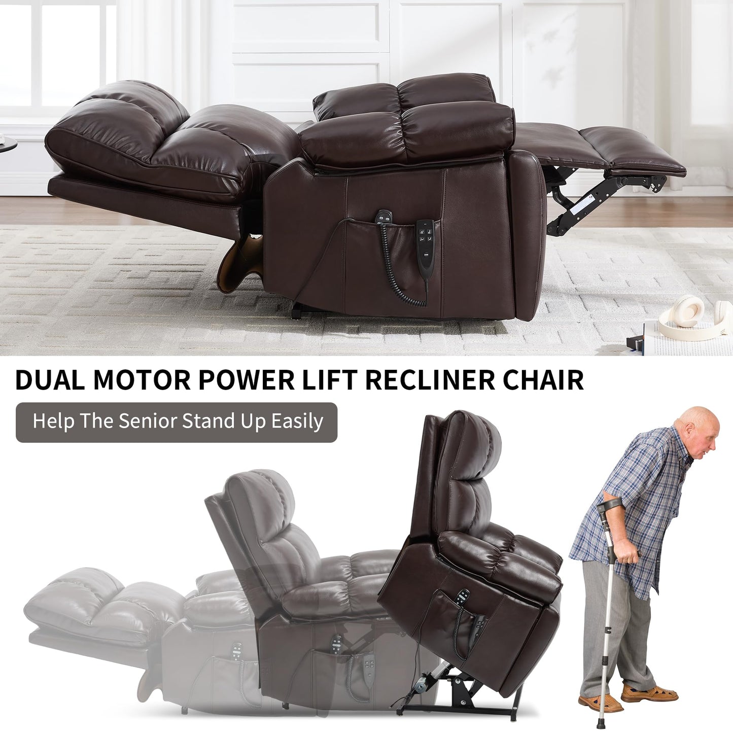 KEIKI Leatheraire Oversized Electric Power Lift Recliner Chair with Heat & Massage, Dual Motor, Infinite Positions, Hidden Cup Holders, Medium-Firm, Heavy Duty Up to 350 lbs, Dark Brown