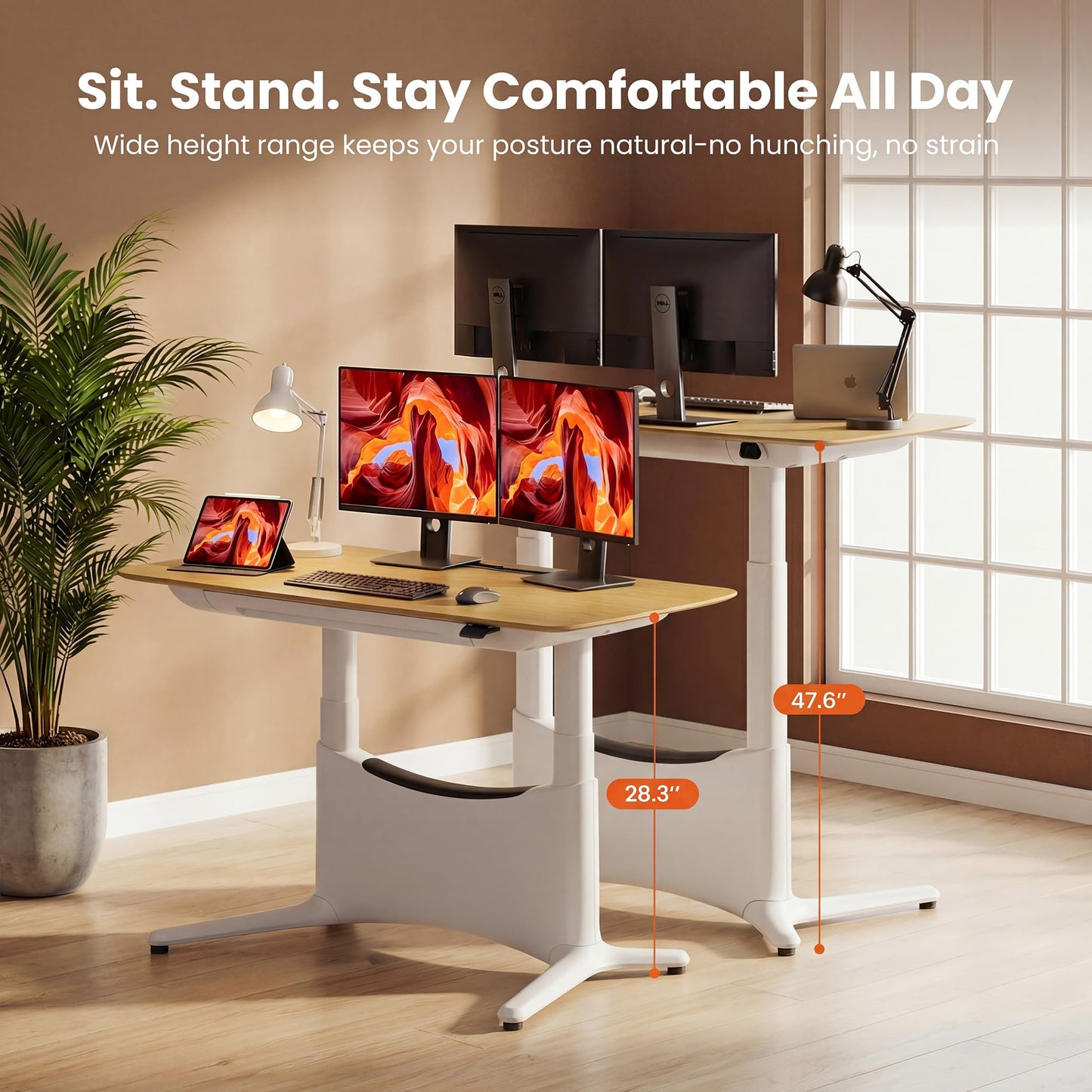 COLAMY Electric Standing Desk 55x28, Desktop Wobble-Free Dual Motor Sit Stand Up Desk with Drawers, Outlets & Footrest, Adjustable Height Computer Table for Home Office Workstation, Oak,White