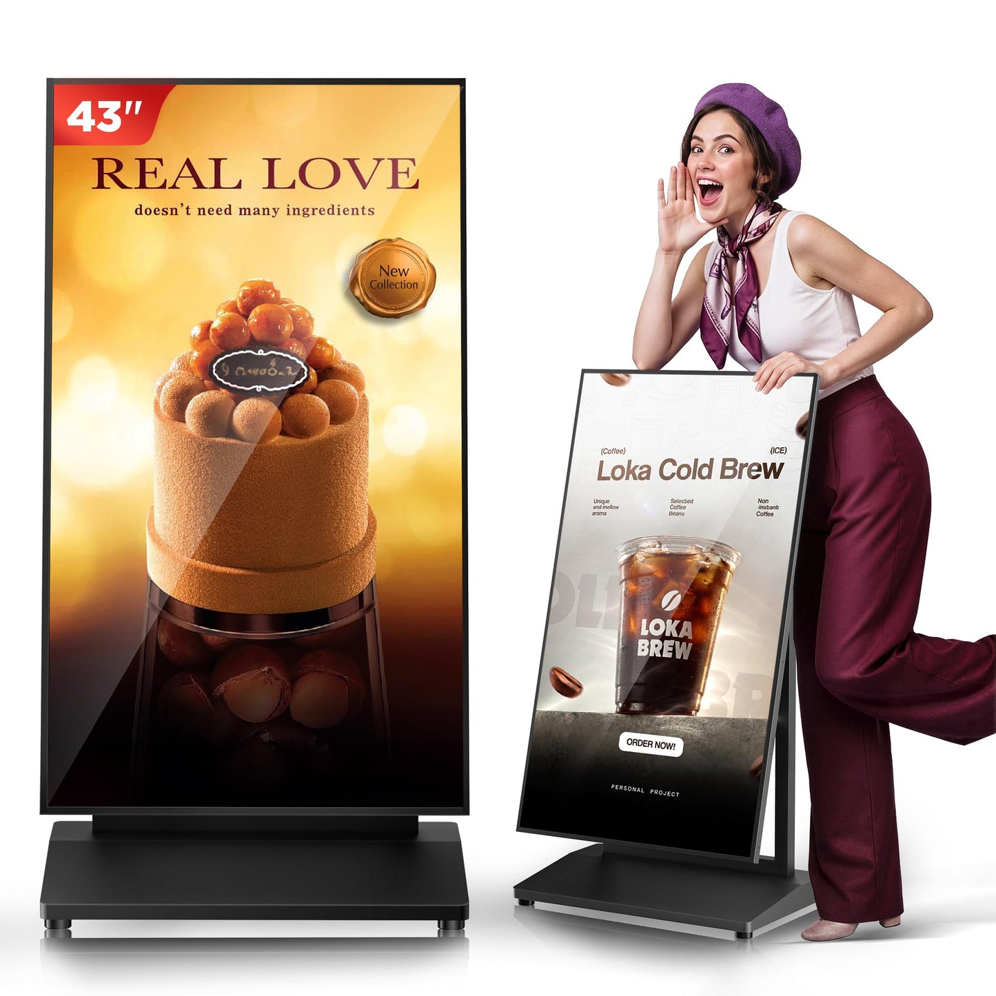 JASZDOT 43 Inch Digital Signage Display, 4K 800 Nits UHD Full Screen LCD Advertising Kiosk, Portable Floor Standing Auto AD Player Android14 App-Based Control with USB/HDMI/WiFi