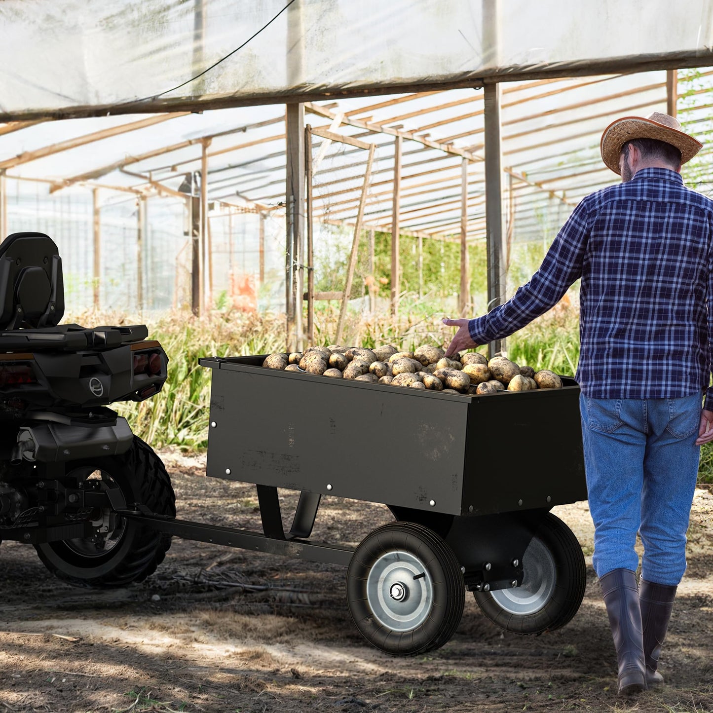 YINTATECH ATV Trailer Steel Dump Cart, Heavy Duty Pull Behind Dump Trailer with Removable Tailgate, Yard Garden Utility Trailer for Lawn Mower Trailer Tractor, 350lbs Capacity, Black